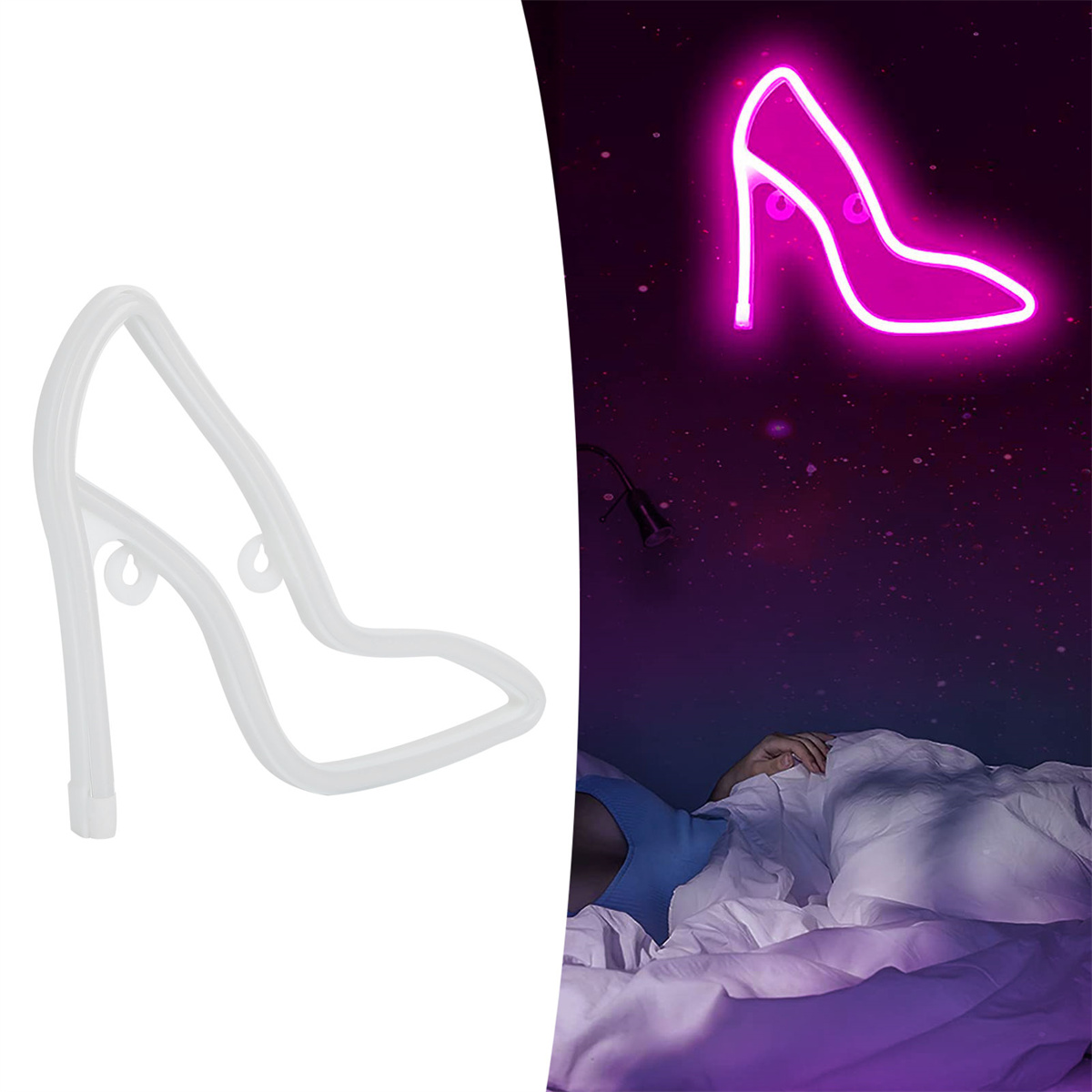 Neon-Schild einer High-Heel-Schuhs, mit weißem Schuhrahmen.
