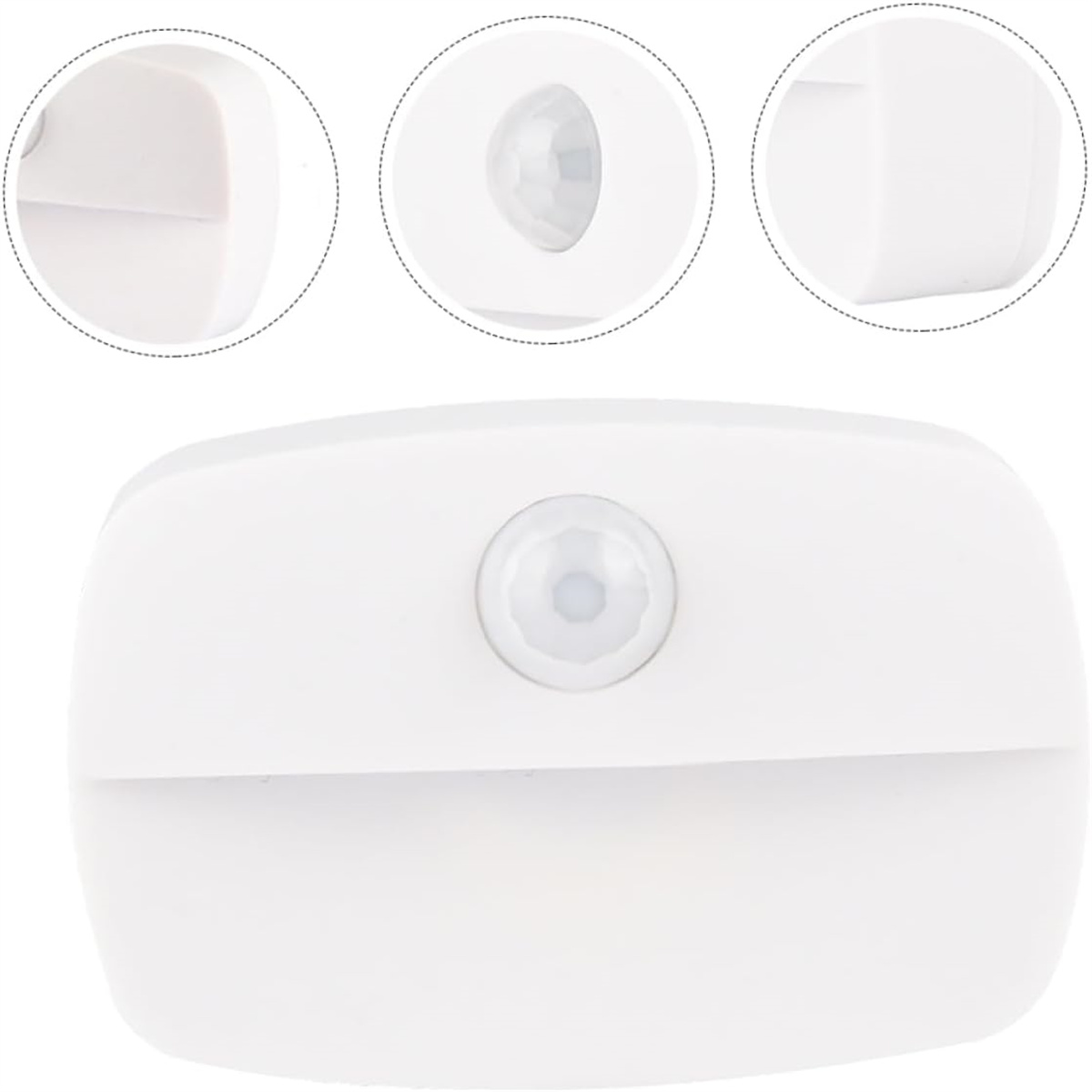 Weißes Bewegungsmelderlicht. Es hat eine abgerundete Form mit drei verschiedenen Ansichten des Sensors.