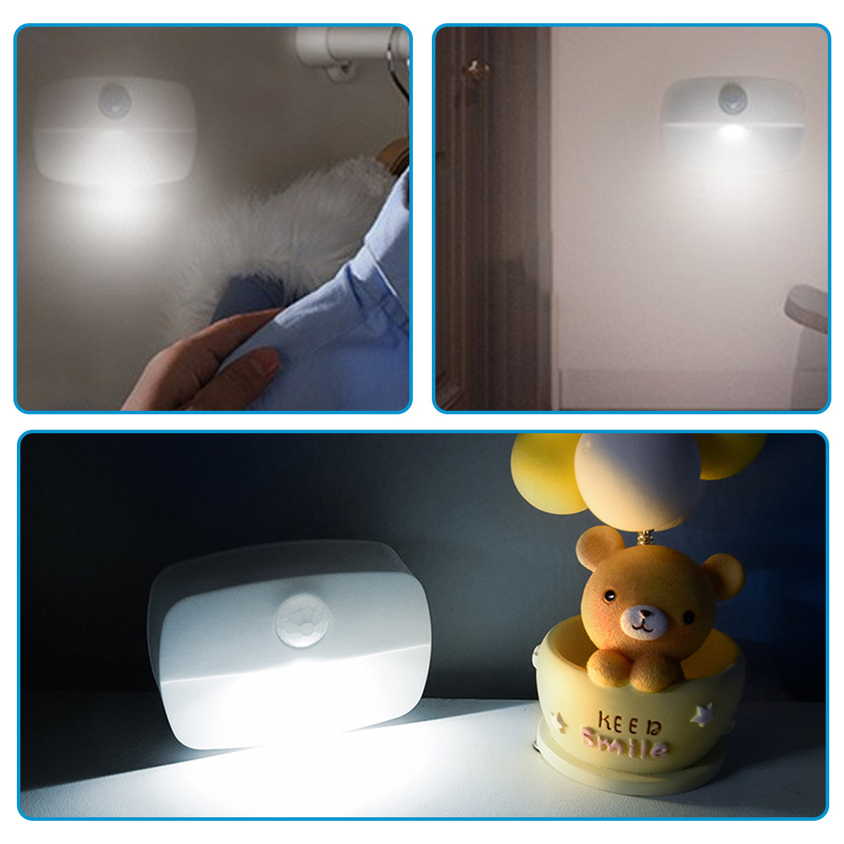 Vier Bilder. Ein Licht scheint auf eine Hand. Ein Licht scheint auf eine Tür. Ein Licht scheint auf einen Bären.