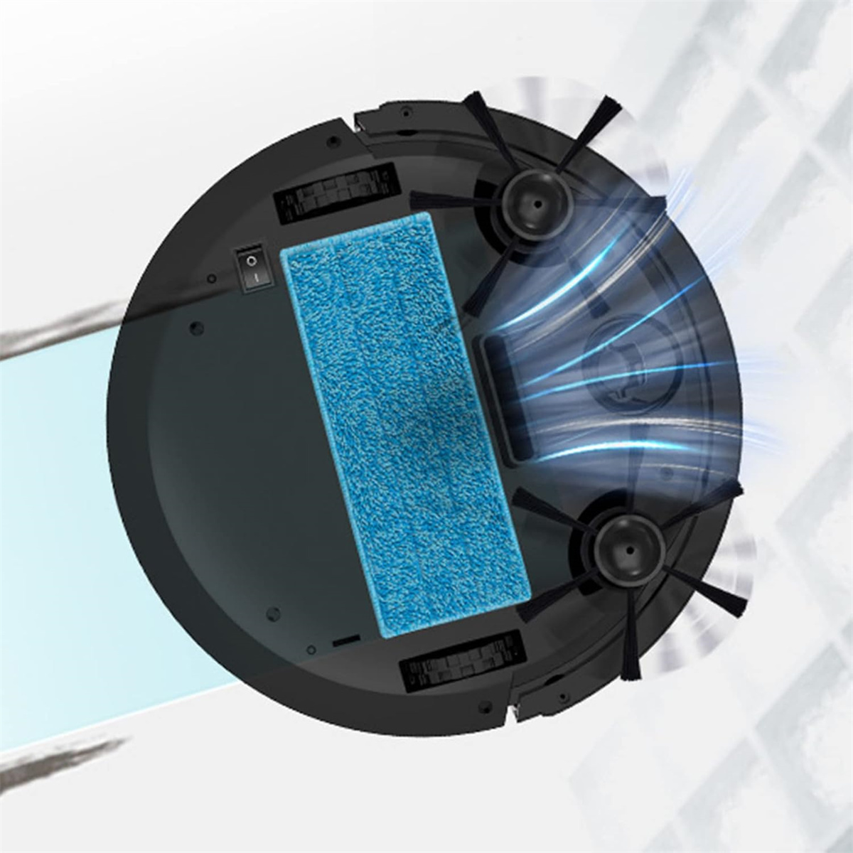 Roboter-Staubsauger. Blaues Pad und schwarze Bürsten sind sichtbar.