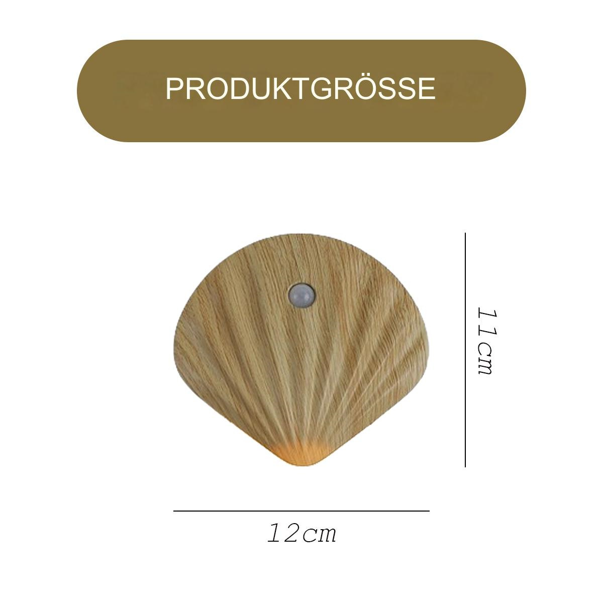 Eine Wandleuchte in Holzoptik in Muschelform mit Maßen daneben.