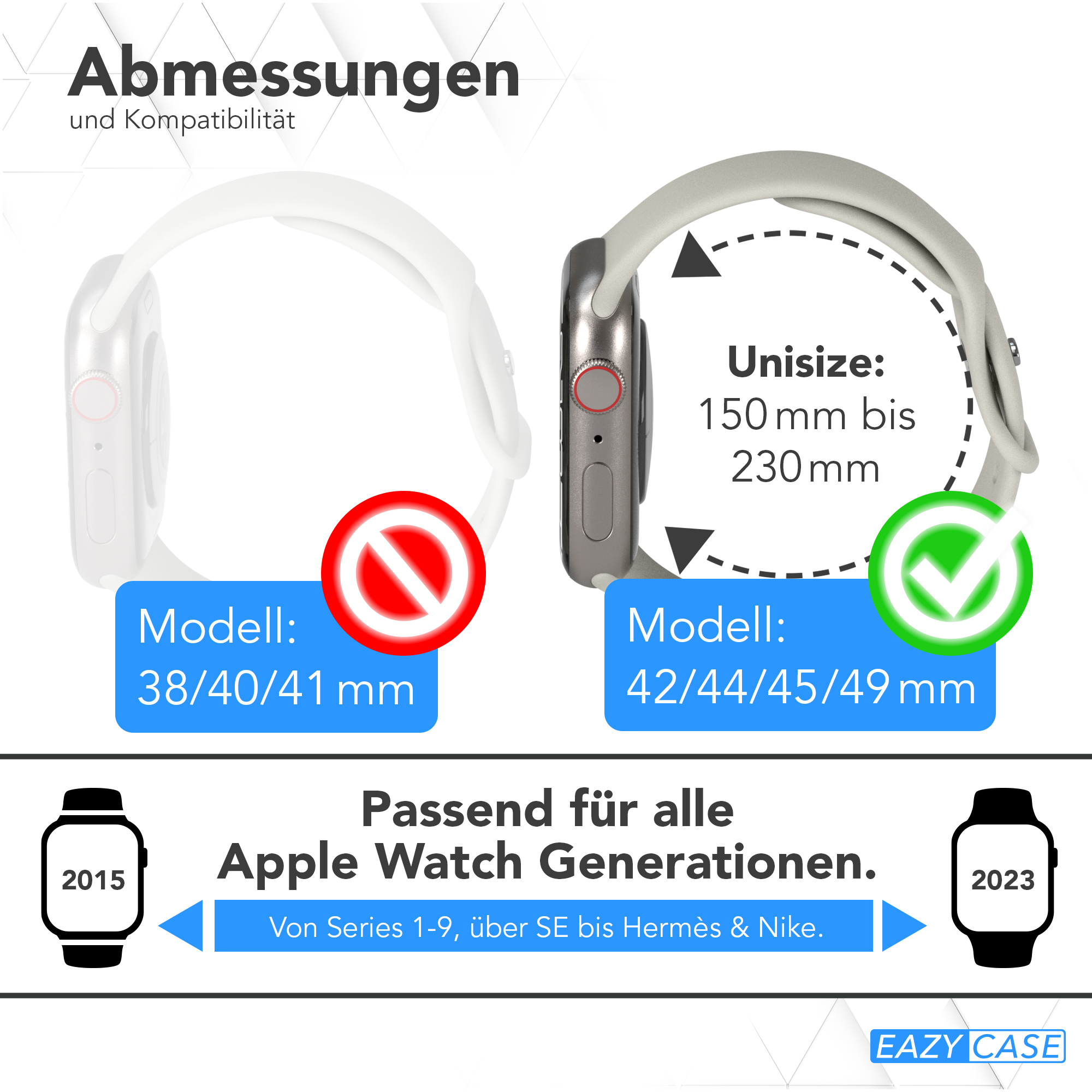 Zwei Smartwatches nebeneinander mit Größenangaben und Text zur Kompatibilität.