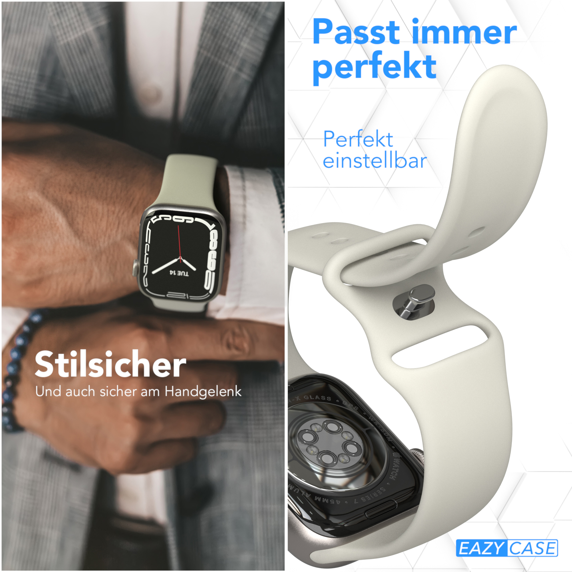 Apple Watch am Handgelenk, eine andere Uhr mit austauschbarem Band.