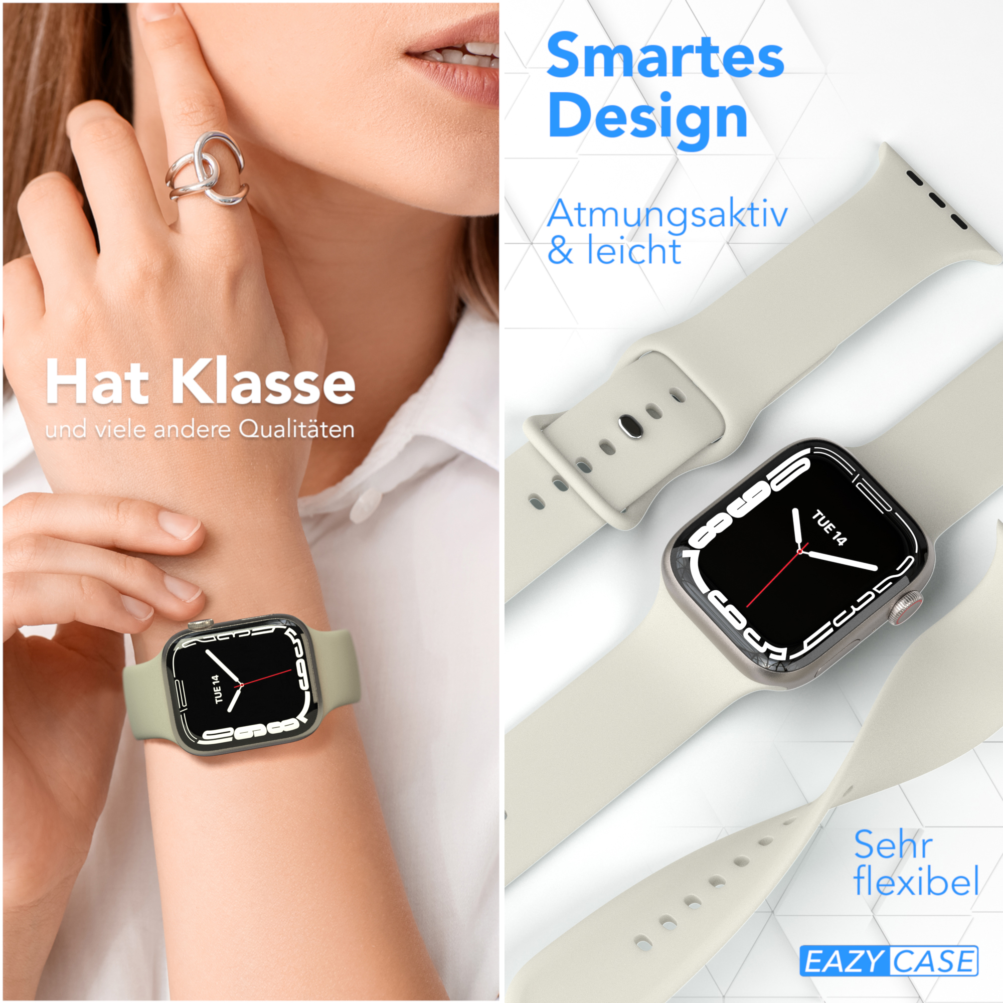 Frau mit Uhr am linken Handgelenk. Uhr rechts. Text: Smartes Design.
