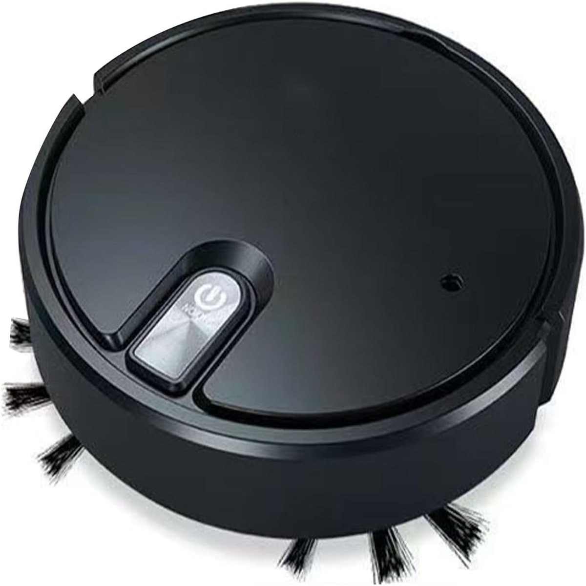 Ein schwarzer Roboter-Staubsauger. Der Hintergrund ist weiß.