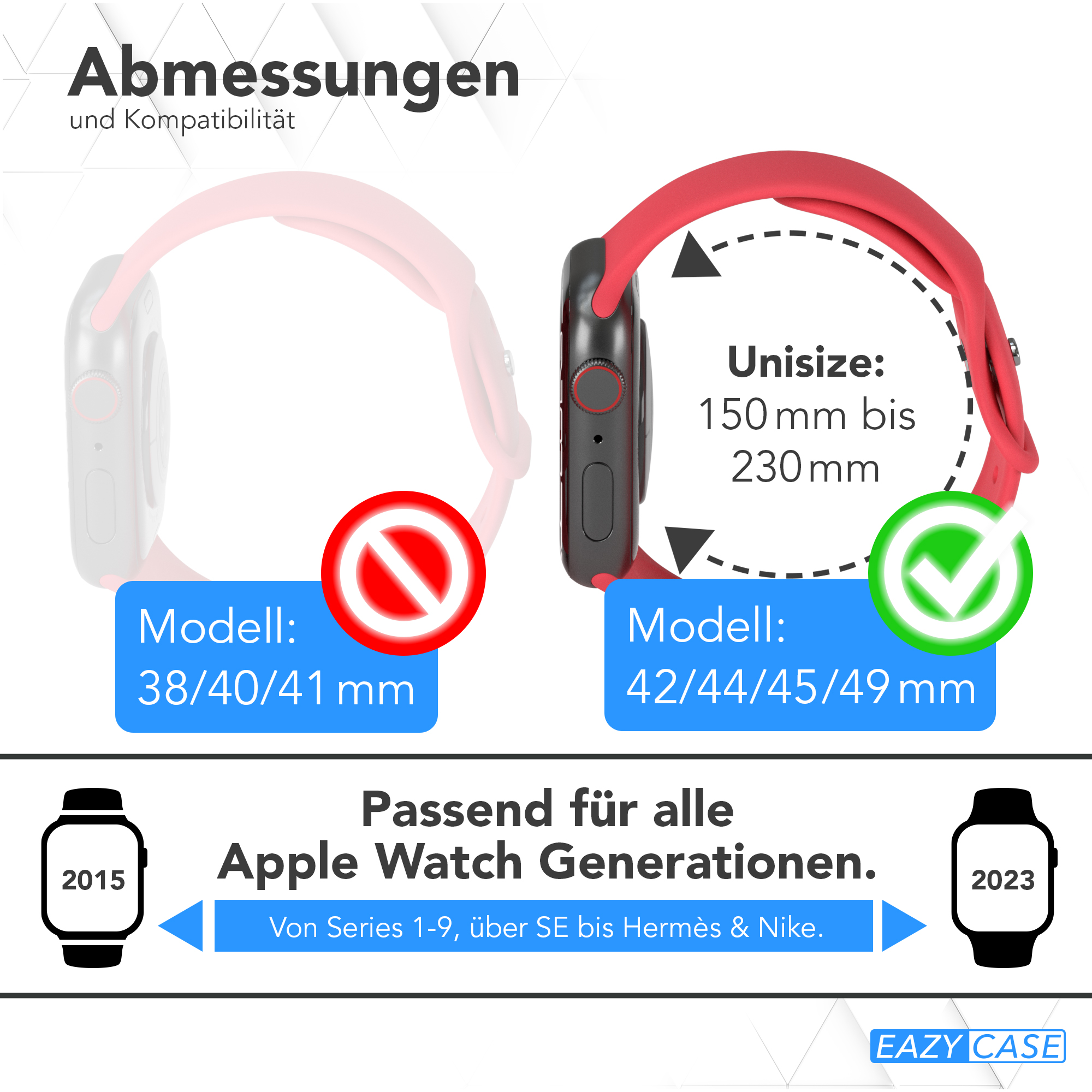 Ein Apple Watch Armband-Vergleich: rotes Band rechts, kein Band links, Größenangaben.