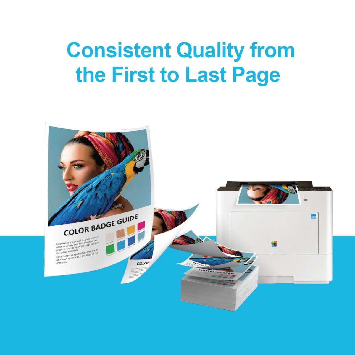 Drukarka drukująca kolorowe dokumenty. Widoczny jest również przewodnik po odznakach kolorów i papiery.