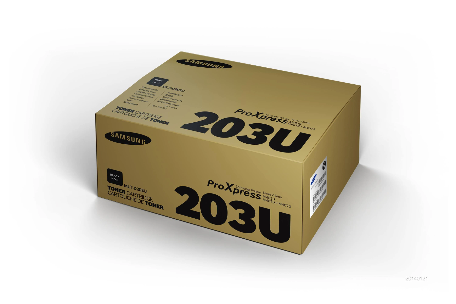 Złote pudełko z tonerem Samsung z danymi produktu i nadrukowanym logo Samsung.