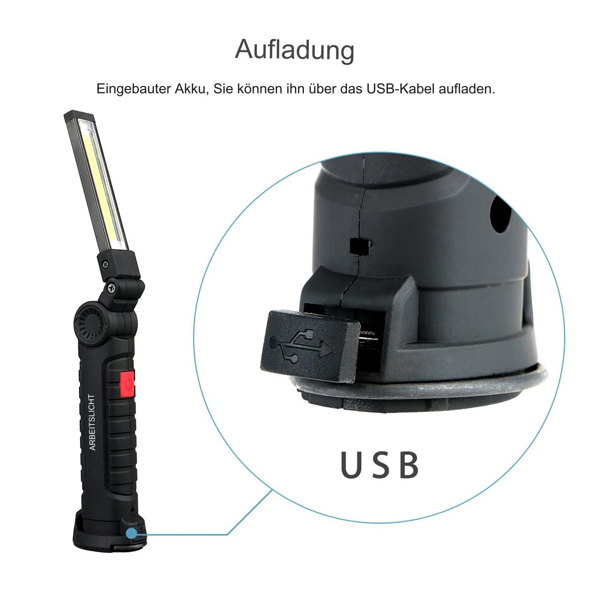 Schwarz-rotes Arbeitslicht mit USB-Ladeanschluss, Nahaufnahme.