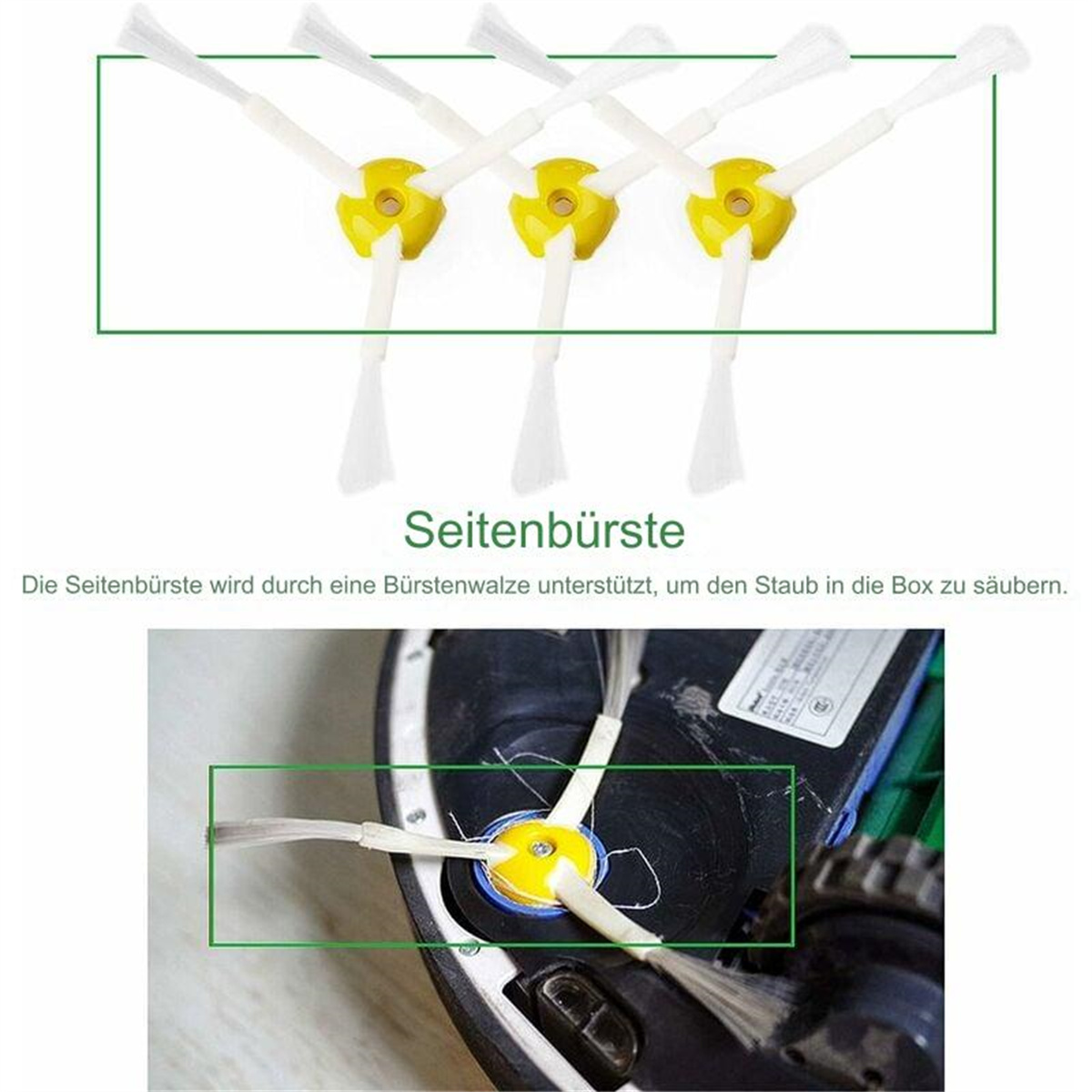 Drei gelbe und weiße Roboter-Staubsaugerbürsten. Text sagt 'Seitenbürste'.