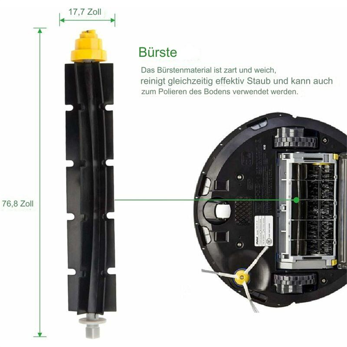 Bürste des Roboter-Staubsaugers und Details mit Text. Abmessungen sind mit Pfeilen dargestellt.
