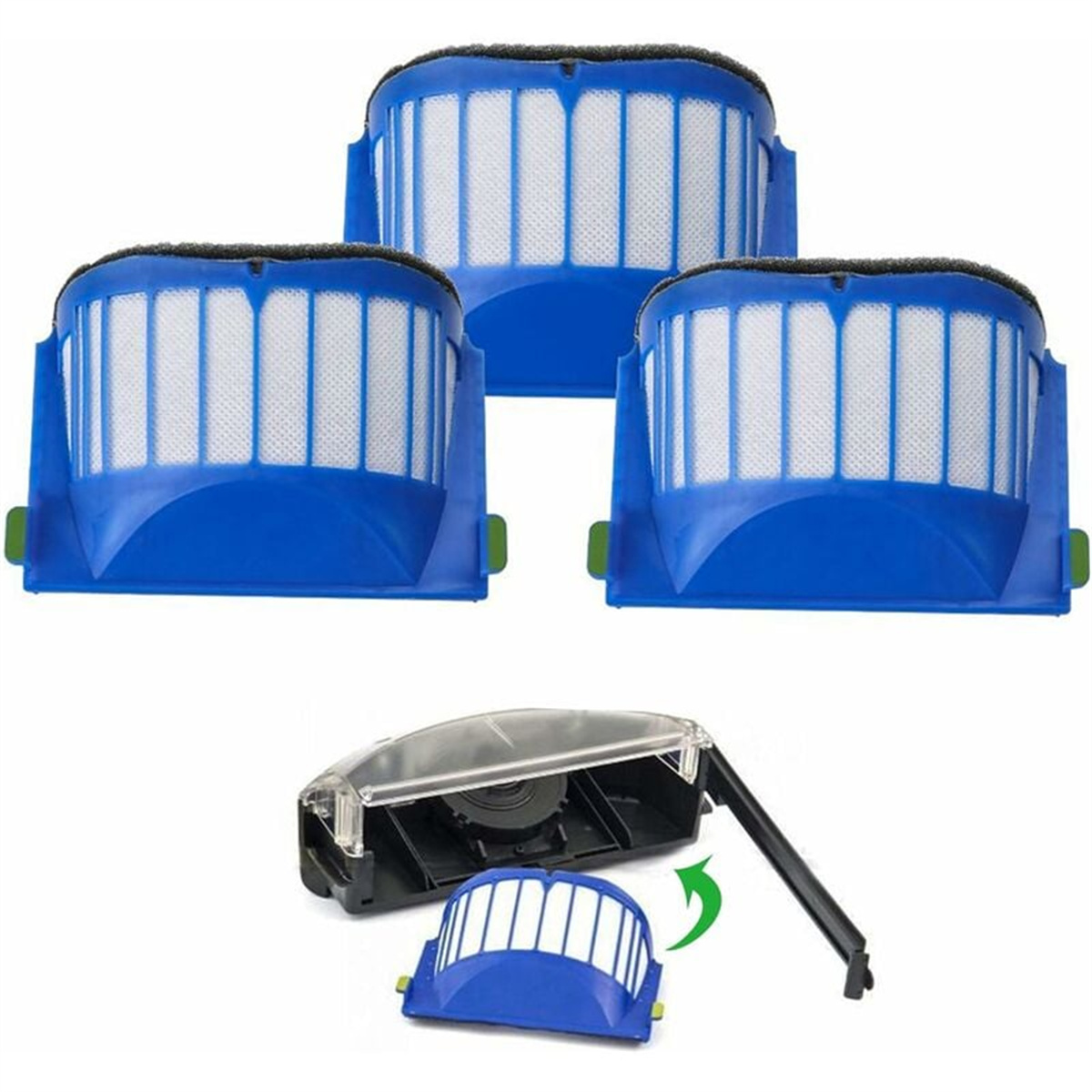 Drei blaue Filter mit weißem Netz. Daneben ein schwarzes Gehäuse mit einem Filter.