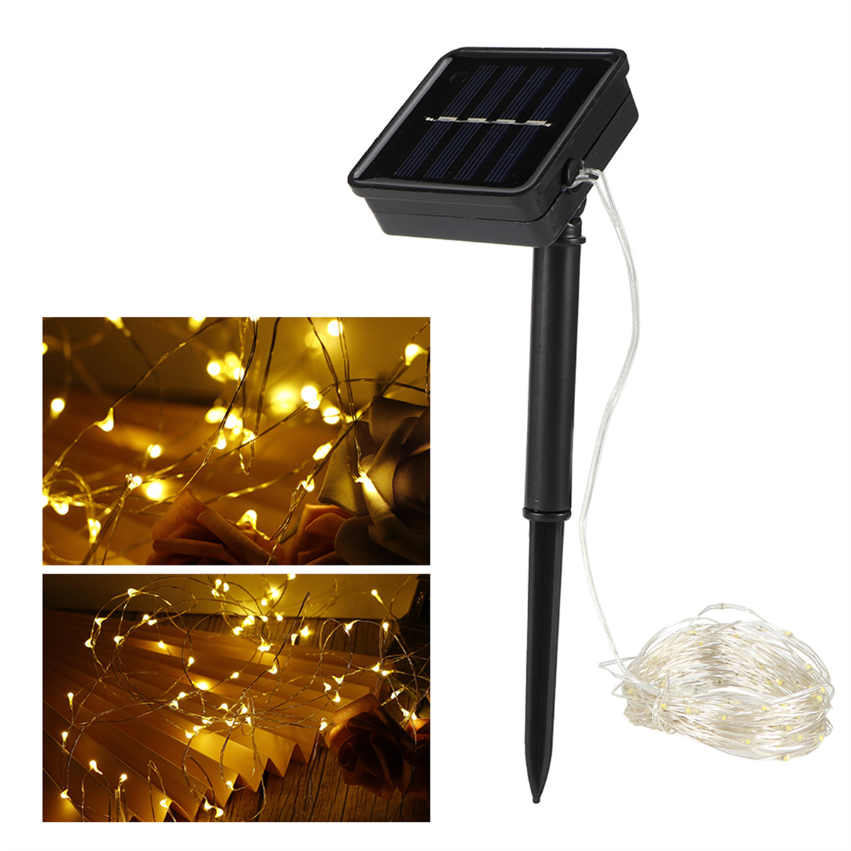 Solarbetriebene Lichterkette mit schwarzem Panel und Pfahl. Nahaufnahmen von Lichtern auf Holz.
