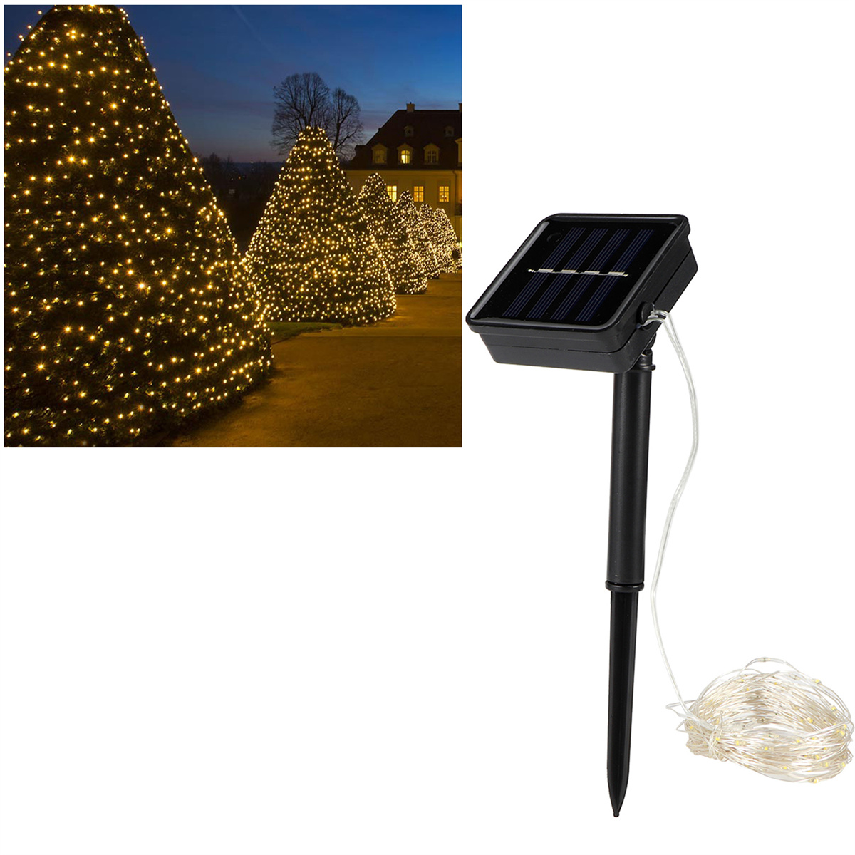 Solarbetriebene Lichter mit schwarzem Panel und einer Kette kleiner Lichter.