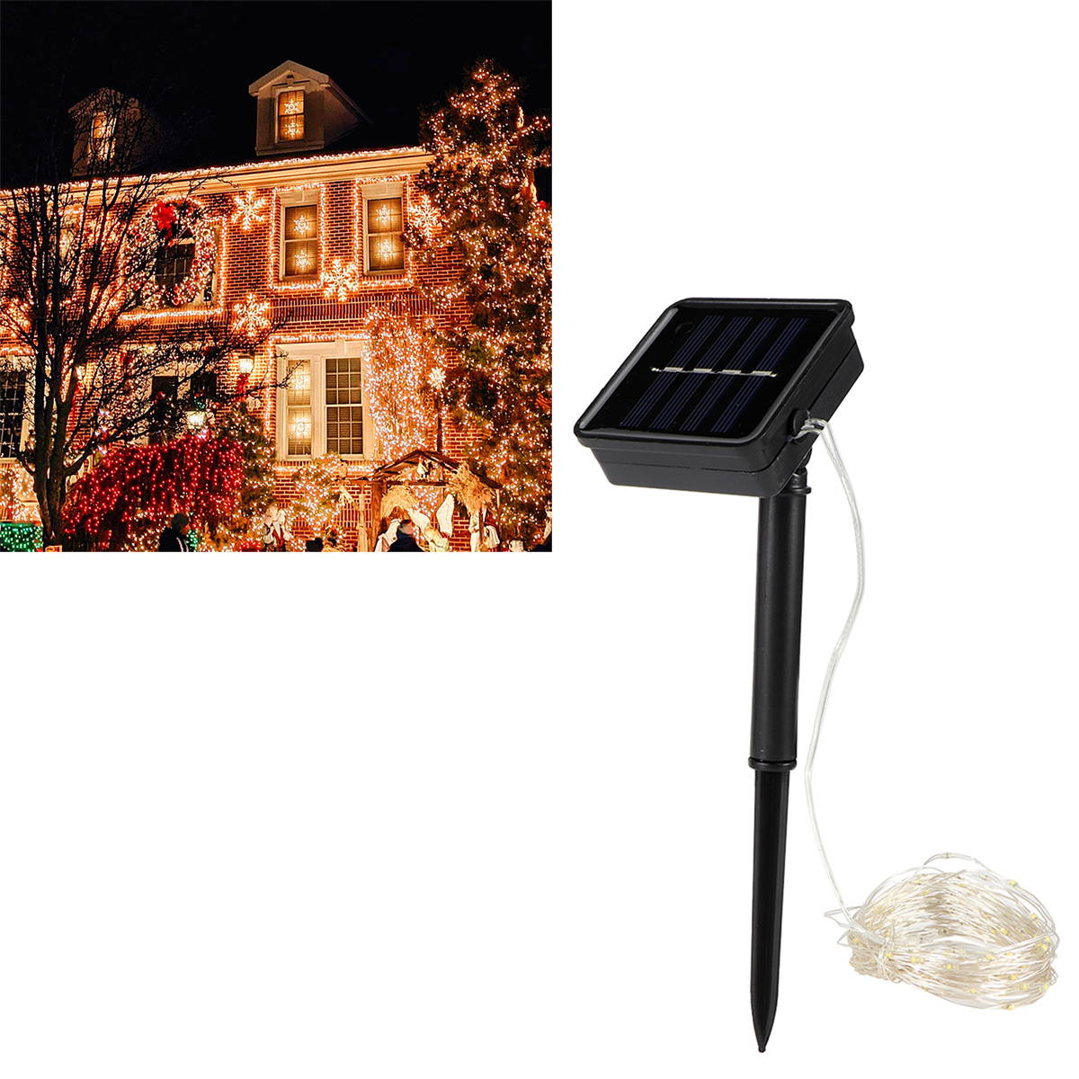Haus mit Weihnachtsbeleuchtung und Solarpanel-Anlage davor.