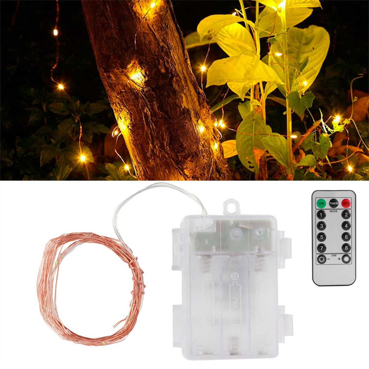 Lichterketten mit kleinen Lichtern, um einen Baumstamm gewickelt, mit Batteriekasten und Fernbedienung.
