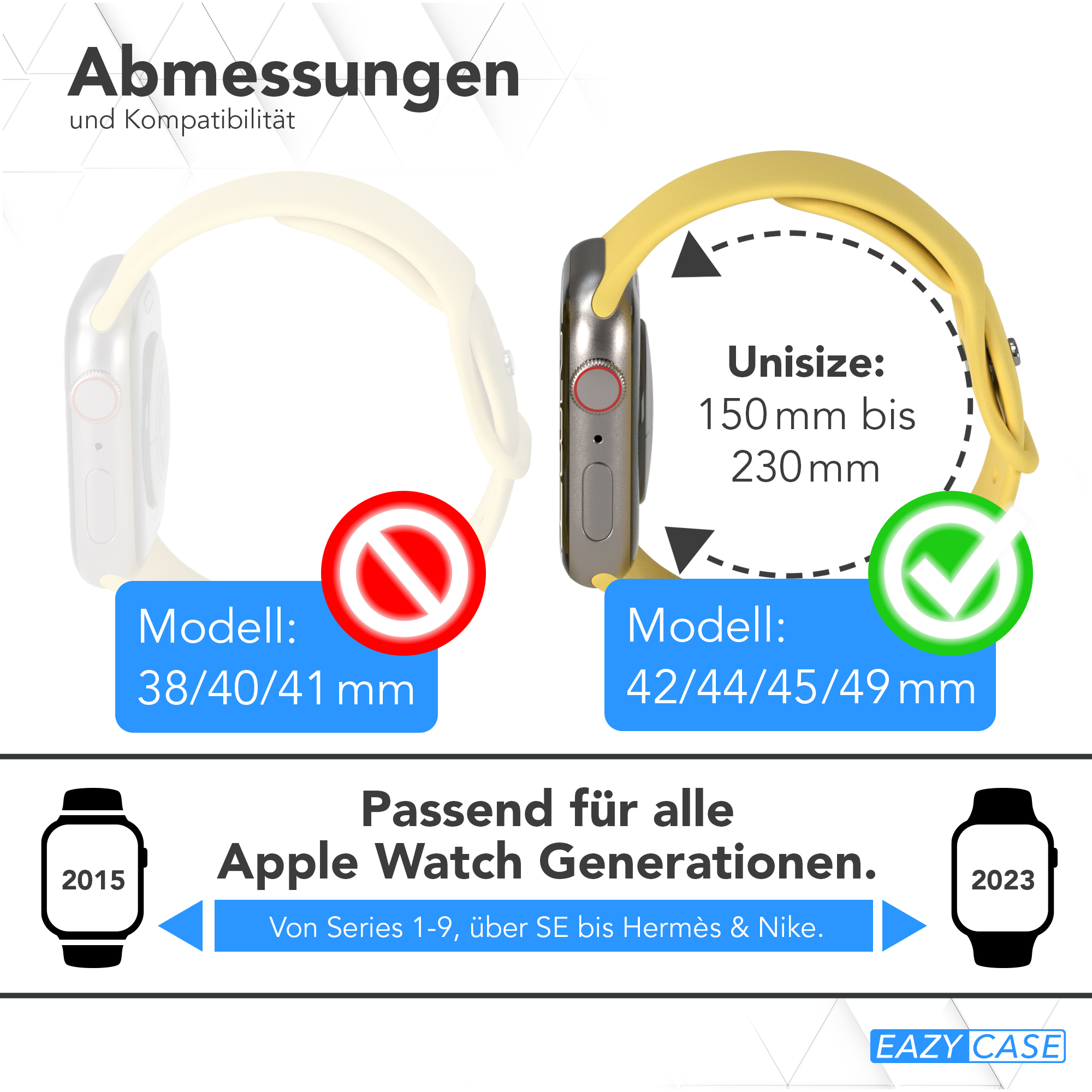 Zwei Smartwatches mit verschiedenen Armbändern; ein roter Kreis mit einem Strich, ein grünes Häkchen.