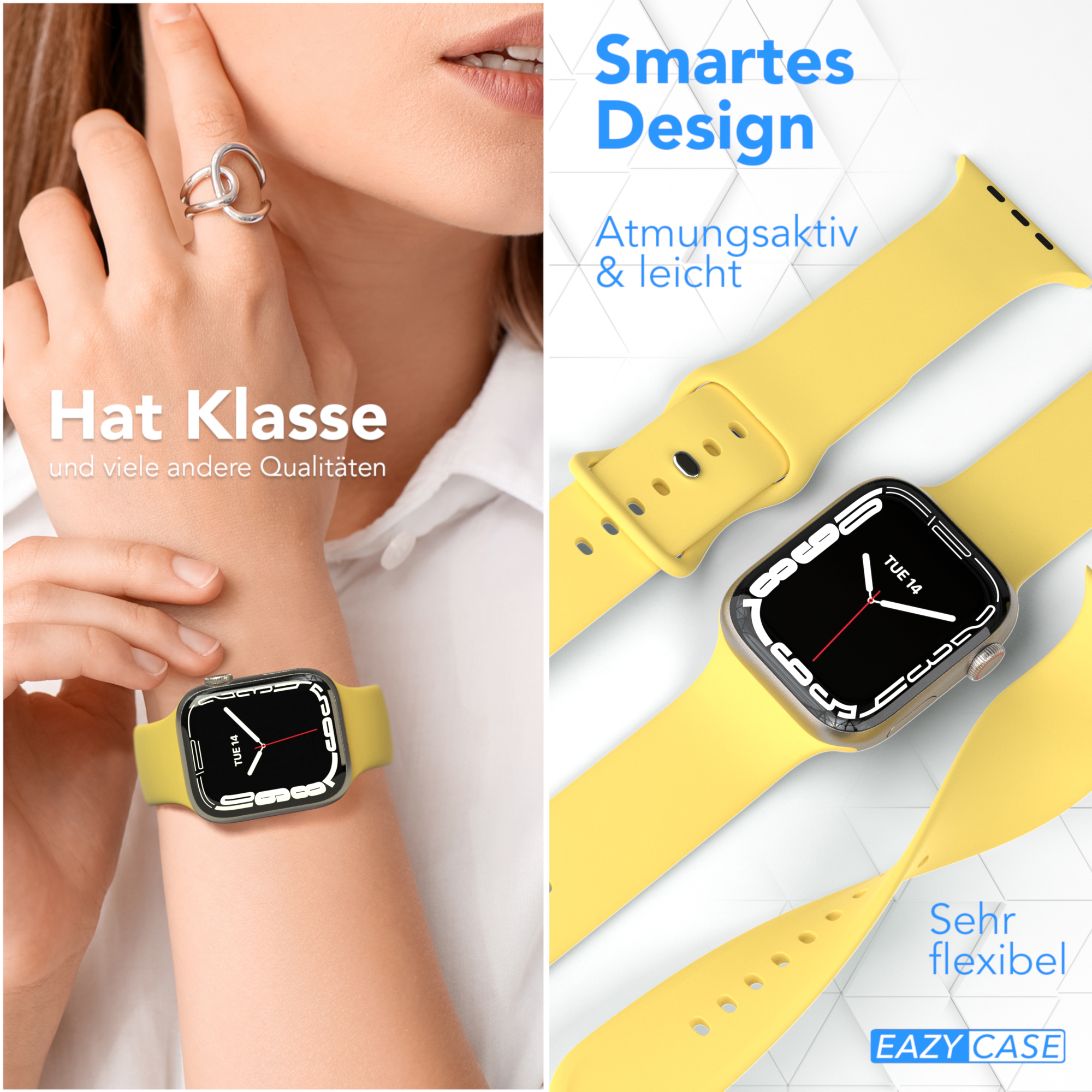 Gelbe Smartwatch mit gelbem Armband, deutscher Text.