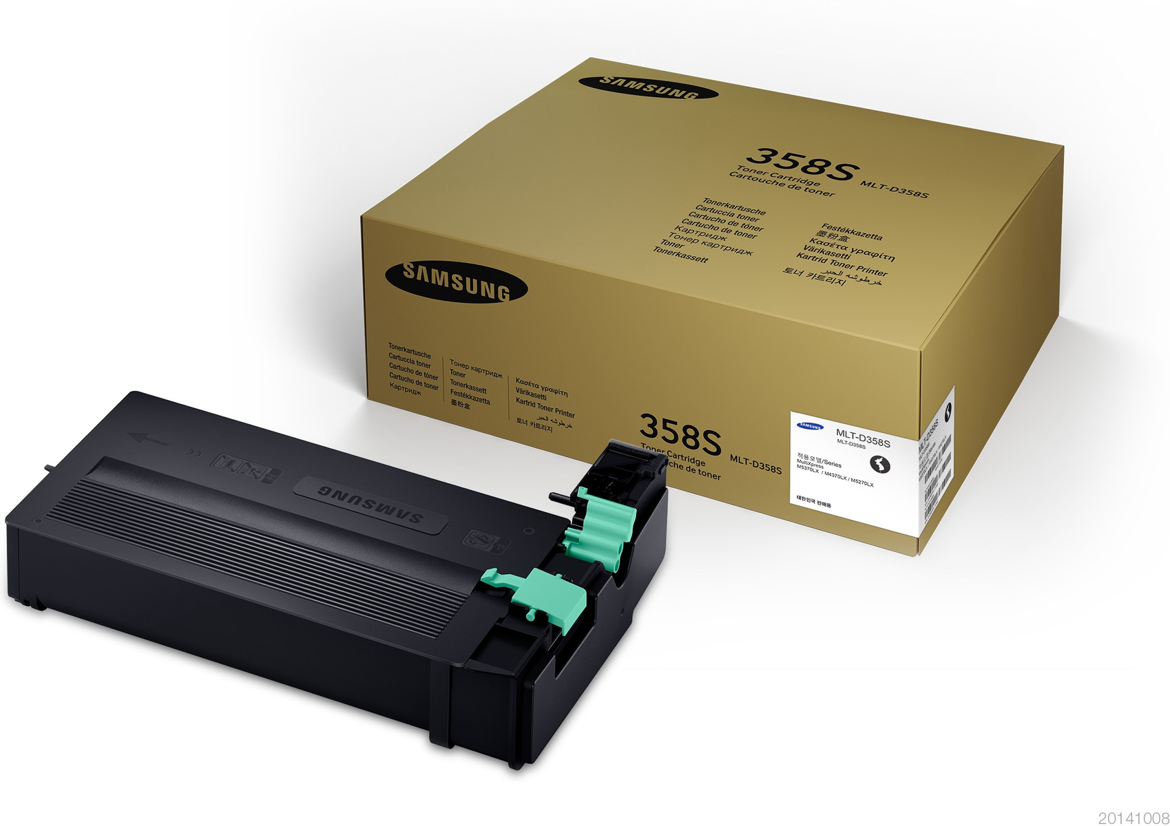 Scatola e cartuccia toner Samsung. La scatola è beige con testo nero e bianco.