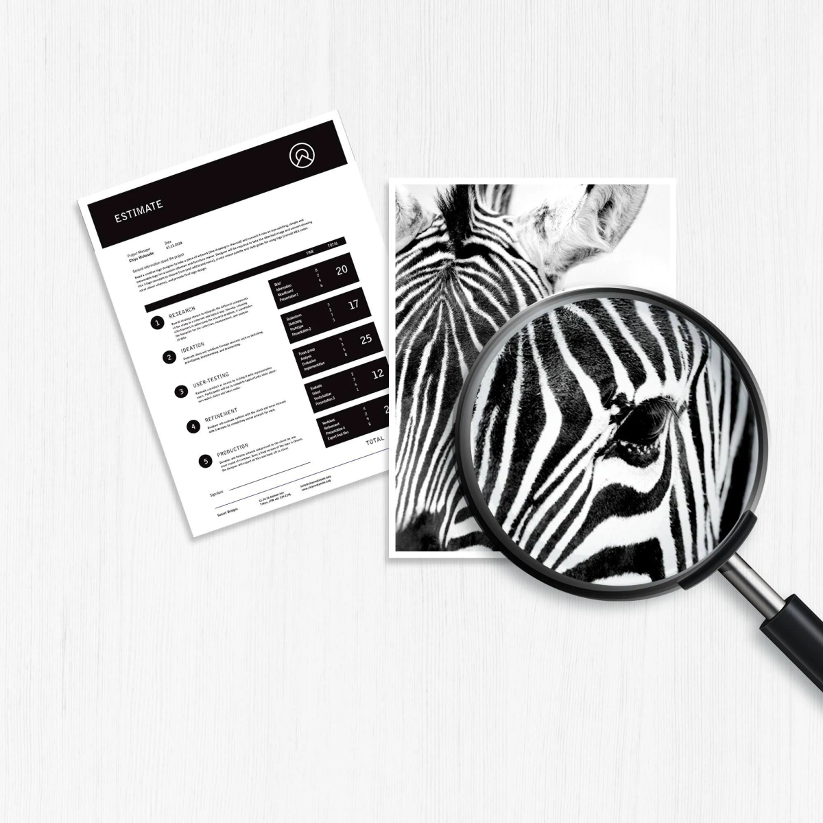 Dokument szacunkowy i obraz głowy zebry ze szkłem powiększającym.