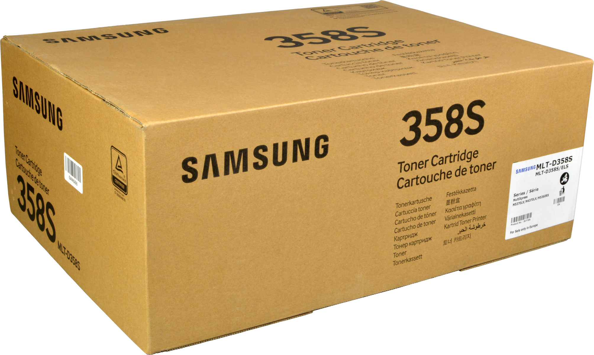 Scatola di cartone con etichette per cartuccia toner Samsung 358S. È una scatola marrone.