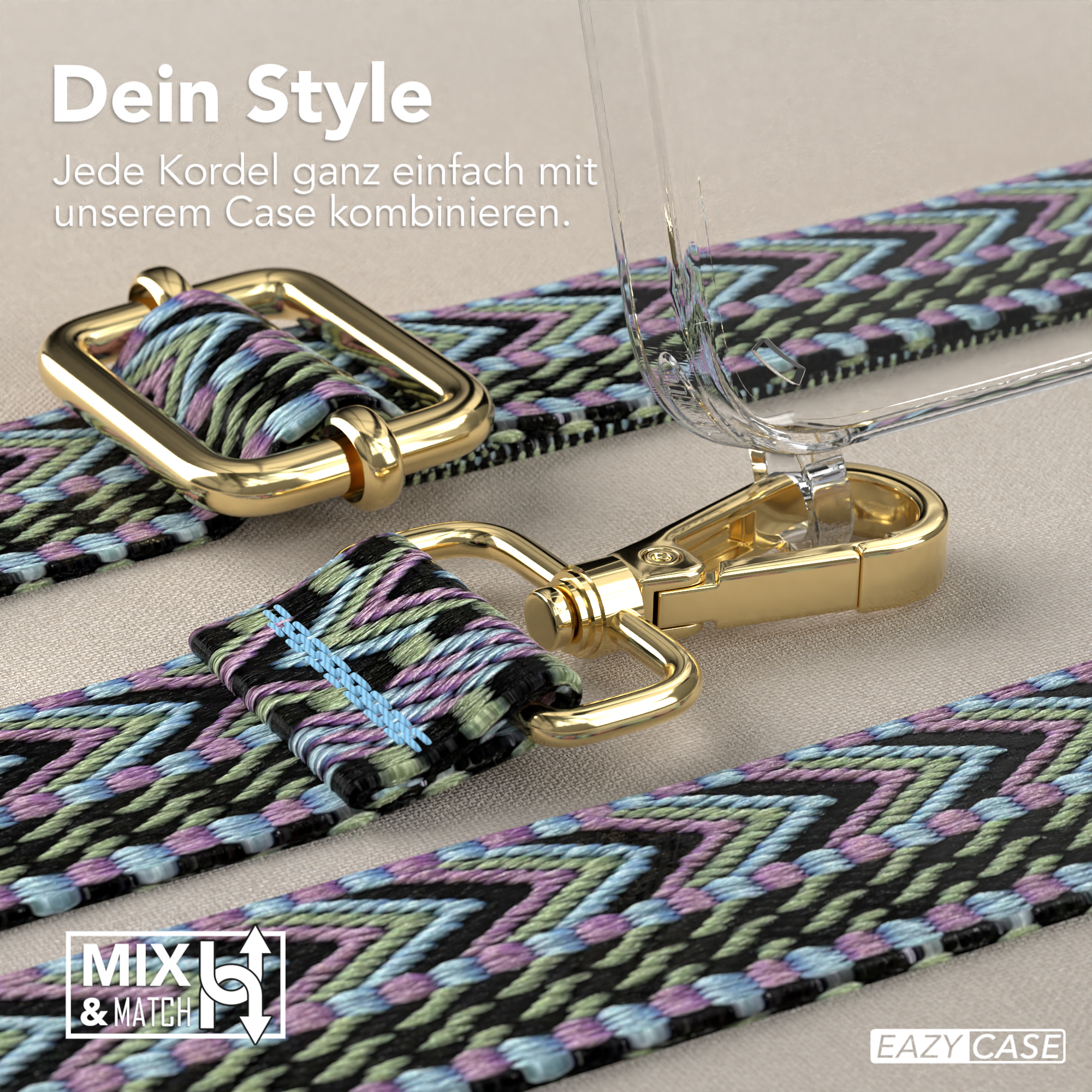 Nahaufnahme eines Armbands mit einer durchsichtigen Handyhülle. Goldener Verschluss. Armband ist schwarz mit blauem und lila Design.