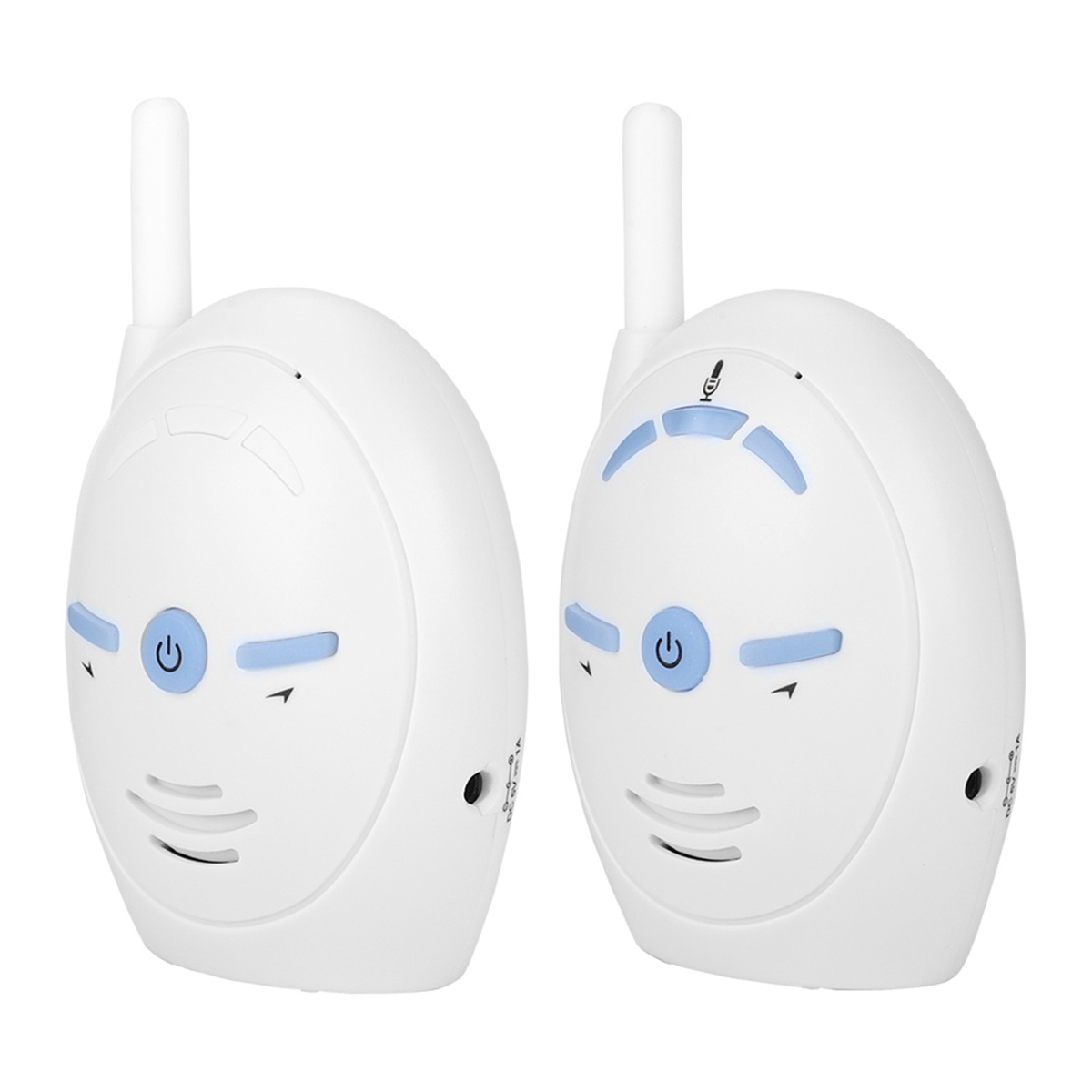 Zwei weiße Babyphone mit Antennen, Knöpfen und Lautsprechergittern.