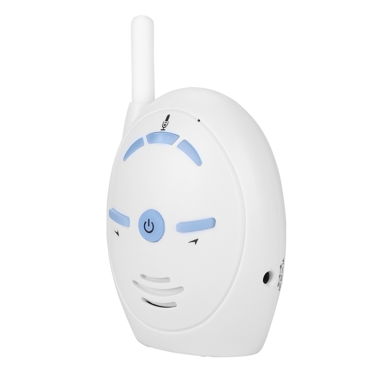 Ein weißer Babyphone mit Mikrofon und Bedientasten. Es hat ein geschwungenes Design und eine Antenne.