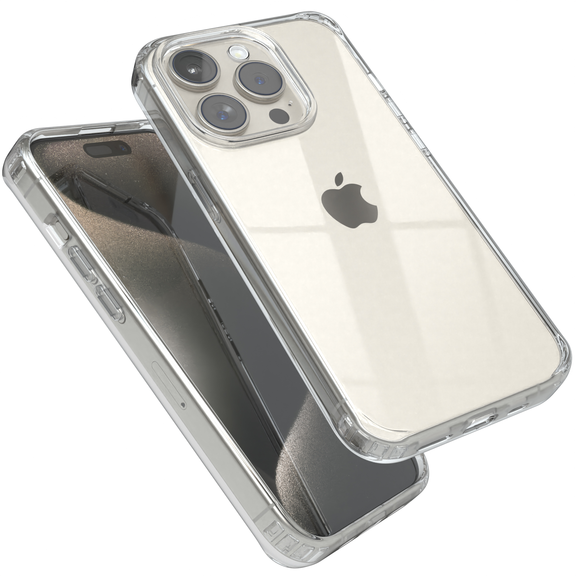 Zwei transparente iPhone-Hüllen übereinander auf weißem Hintergrund.