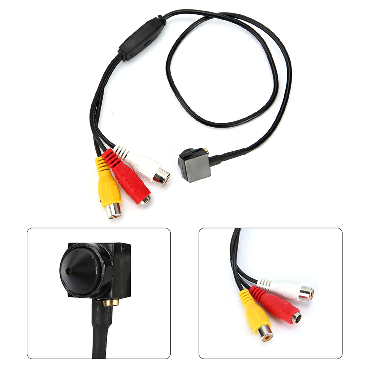 Miniaturkamera mit roten, gelben und weißen Steckern. Schwarzes Kabel und Stecker sind vorhanden.