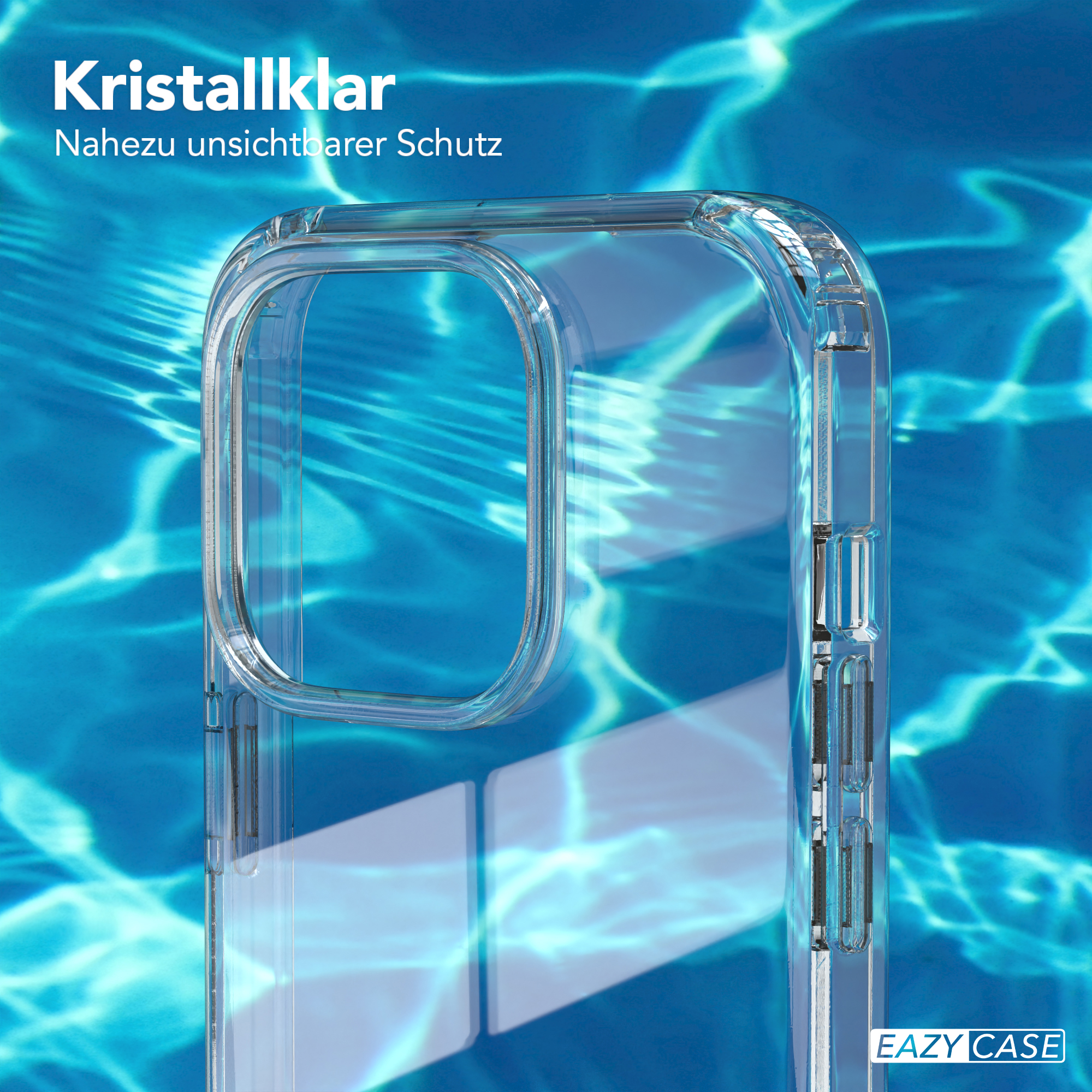 Transparente Handyhülle mit Text, über einem blauen Wasserhintergrund.