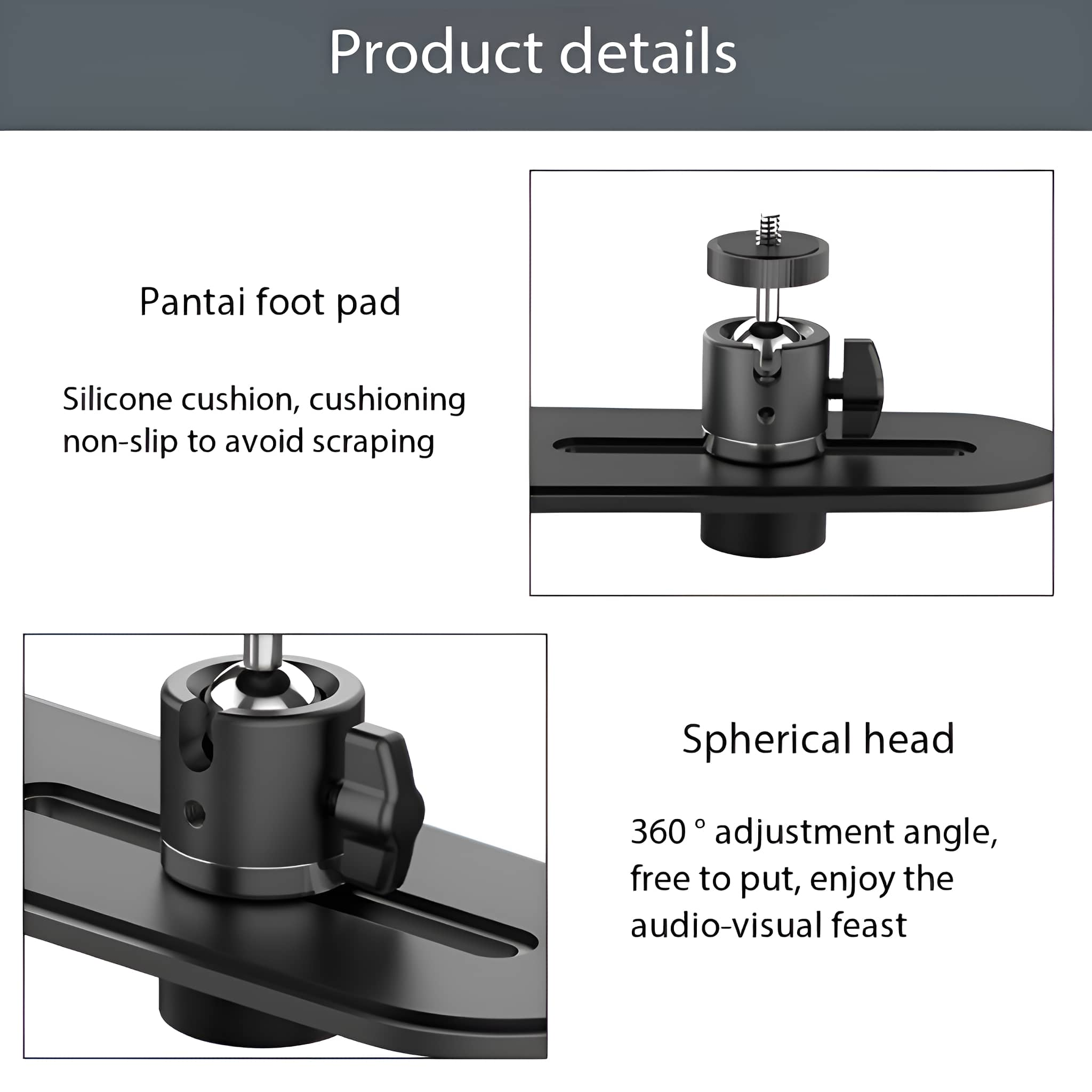 Nahaufnahme eines schwarzen Kugelkopfs und eines schwarzen Metallsockels. Der Text erklärt die Produktdetails.