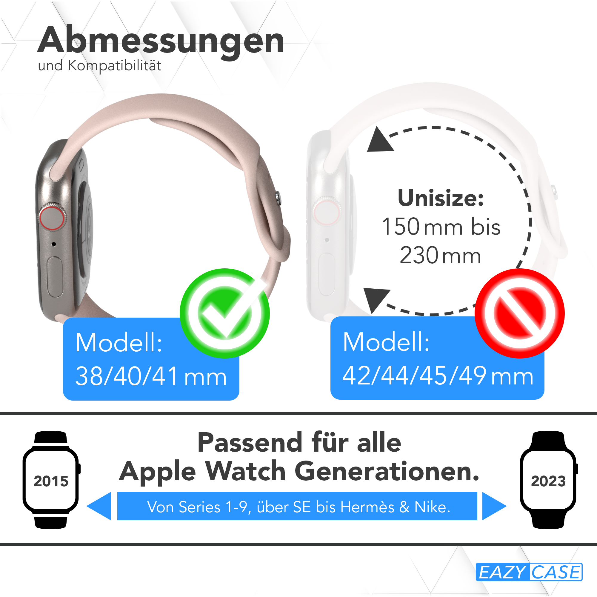Diagramm zur Apple Watch-Kompatibilität. Eine rosa Uhr ist abgebildet, neben einer weißen Uhr.