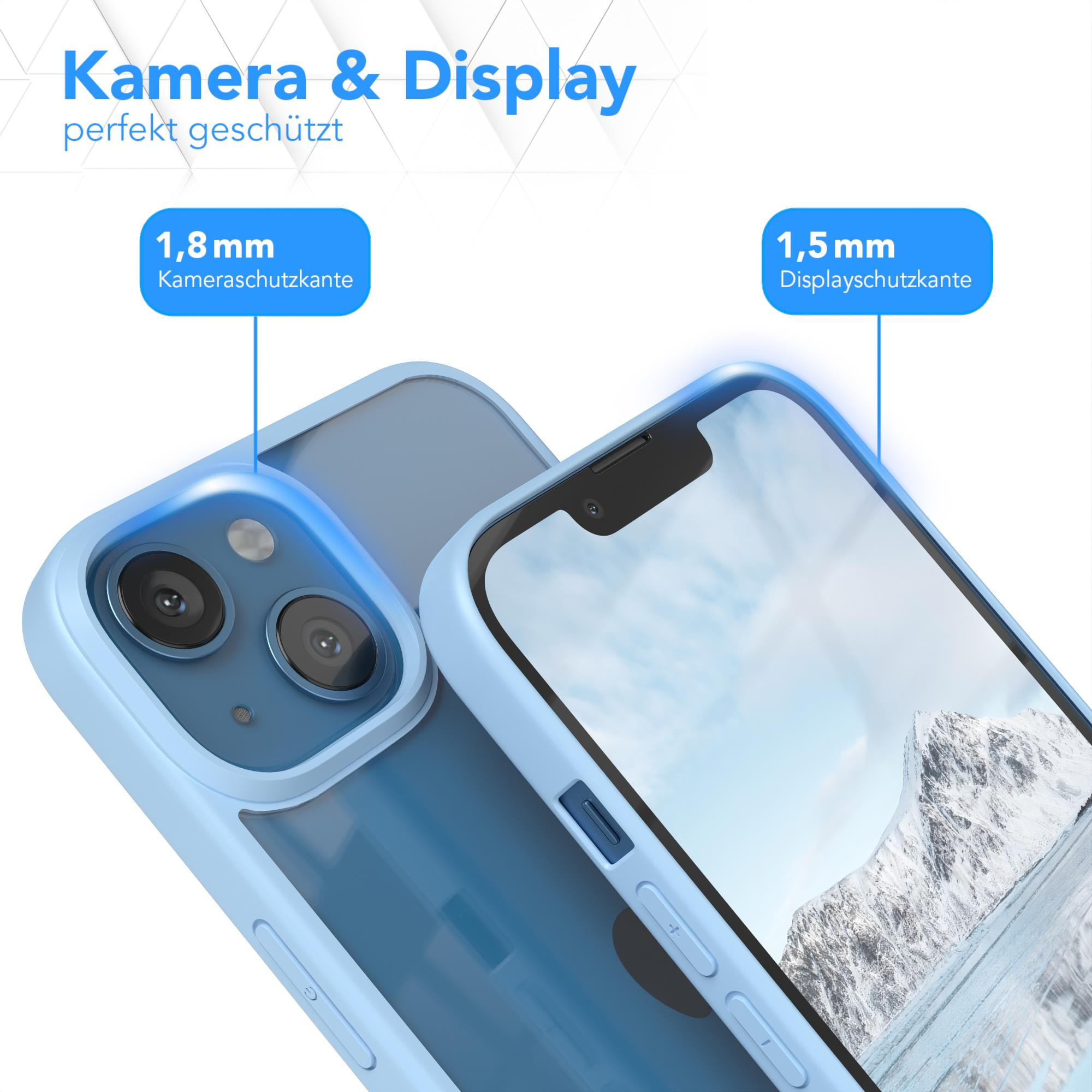 Hellblaue Handyhülle. Das Telefon ist in der Hülle zu sehen, Details wie die Kamera sind sichtbar.