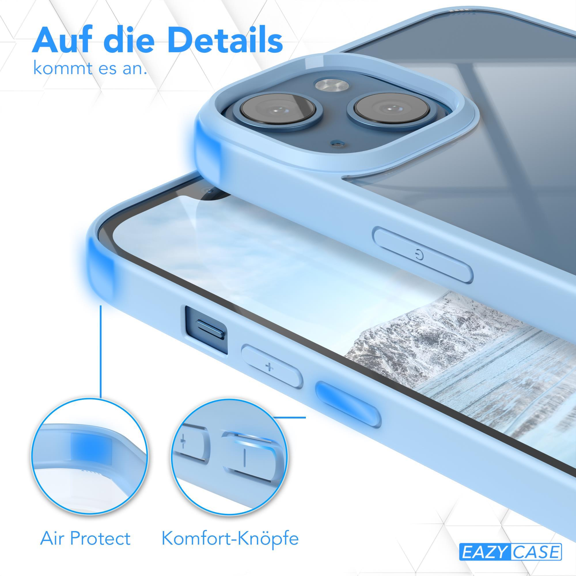 Eine hellblaue Handyhülle mit durchsichtigem Rücken. Sie hat Knöpfe und ein Logo unten.