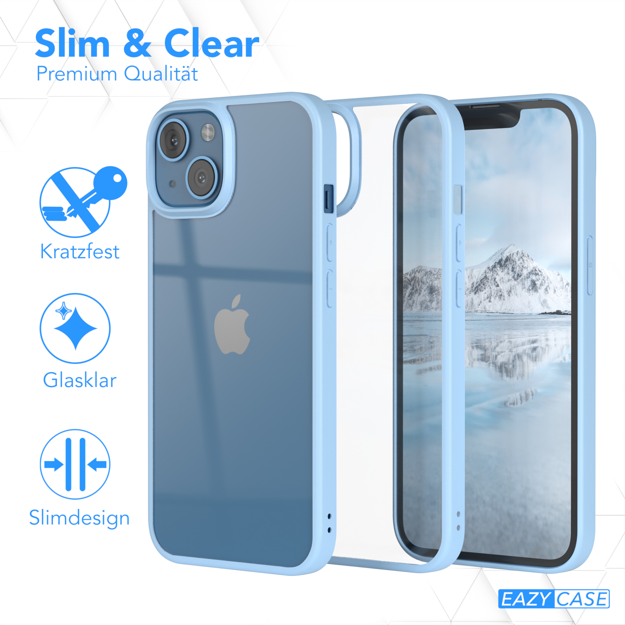 Blaue Handyhülle mit Apple-Logo, durchsichtiger Rückseite, weißer Hintergrund.