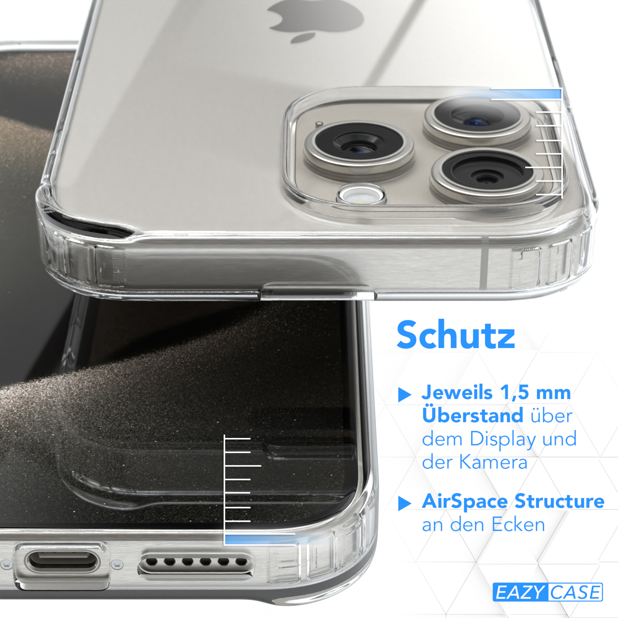 Eine transparente Handyhülle mit Schutzdetails, Nahaufnahme von Handy und Hülle.