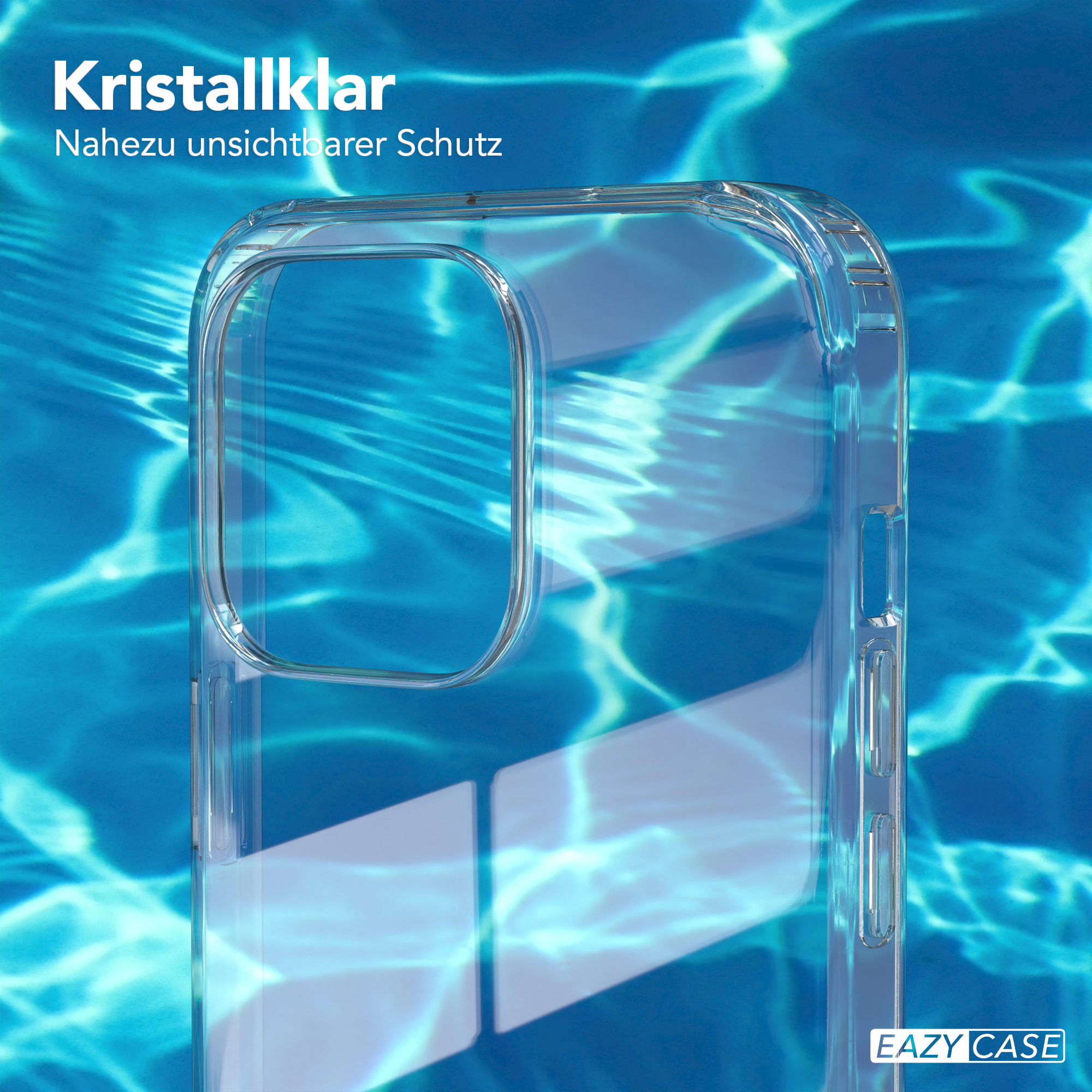 Eine transparente Handyhülle auf blauem Wasserhintergrund, die die klare Hülle zeigt.