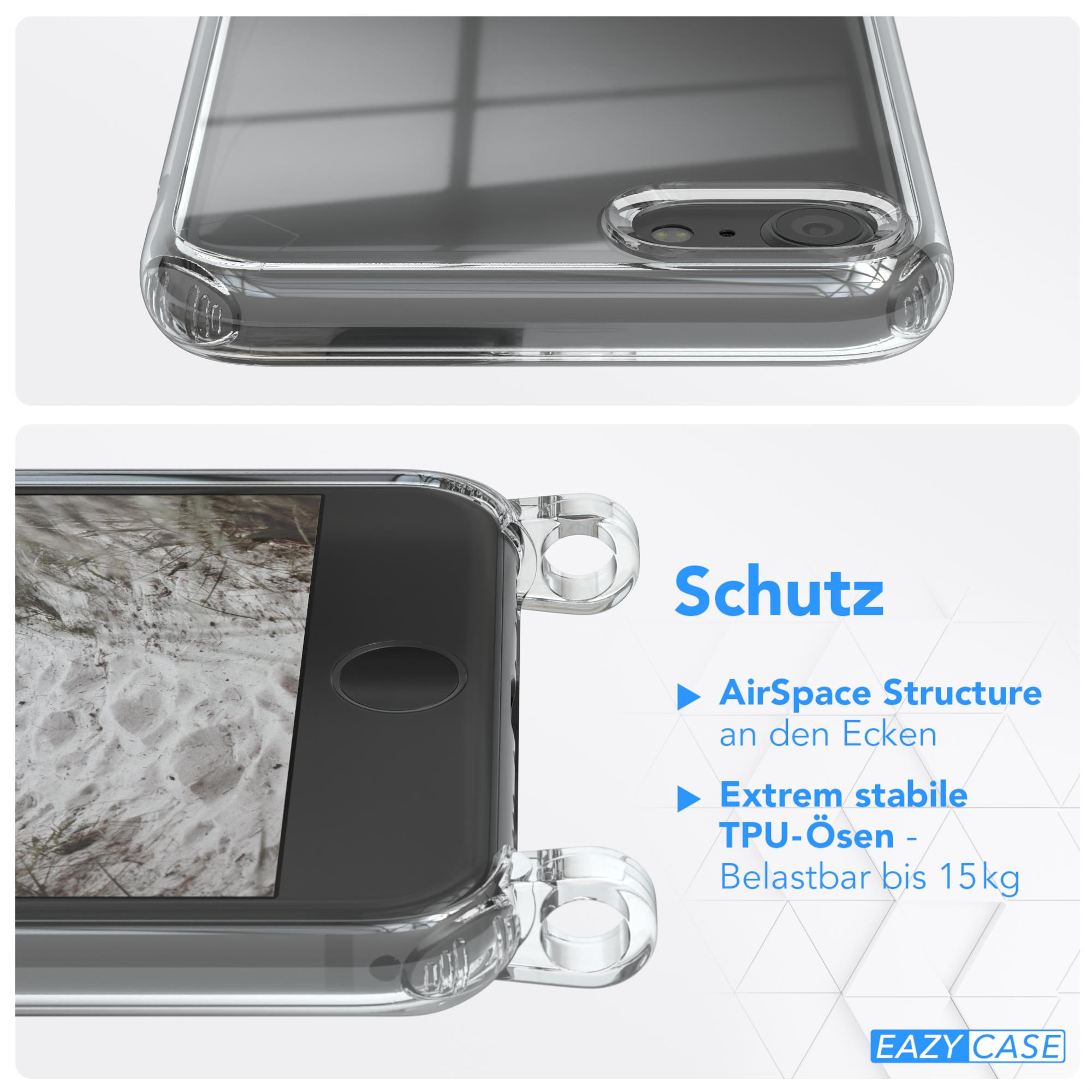 Transparente Handyhülle mit Schutzfunktionen. Nahaufnahme von Telefon und Hülle mit Text.