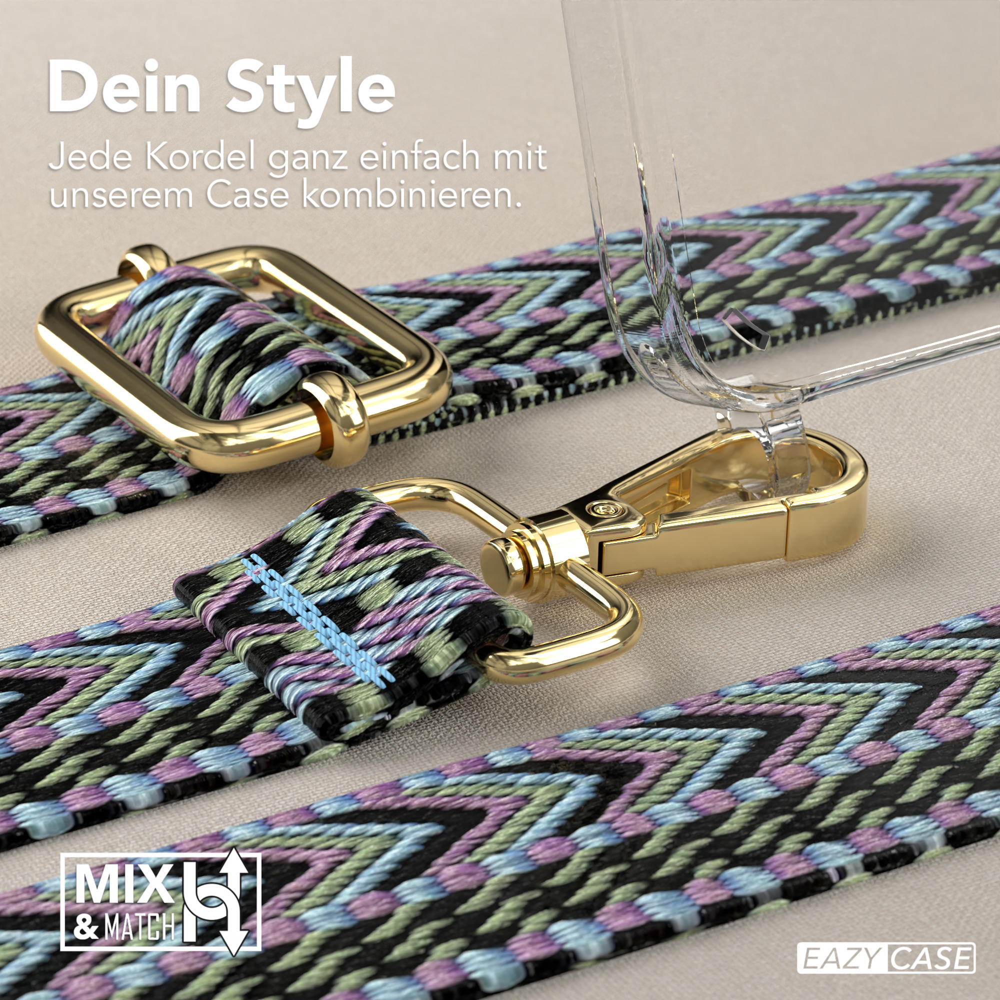 Nahaufnahme einer Handyhülle mit Riemen, goldenen Akzenten und Text 'EAZY CASE'.