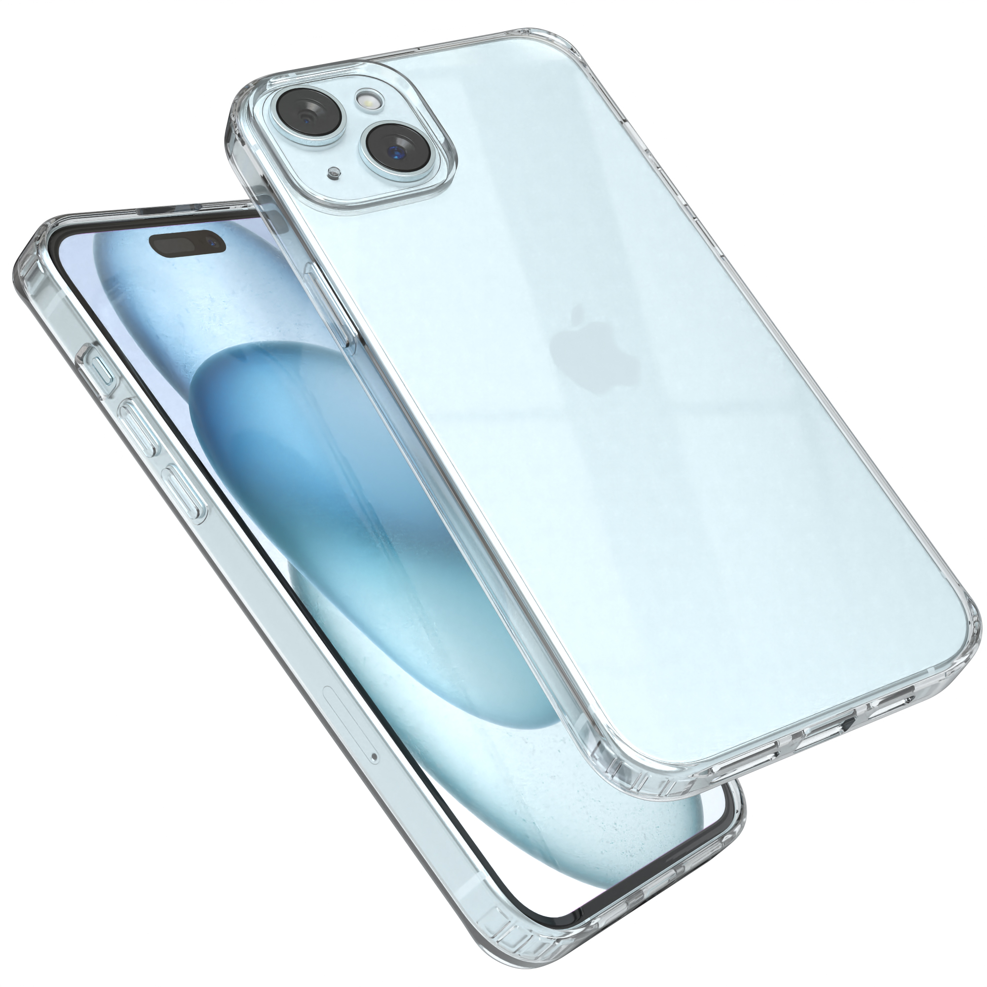 Transparente Handyhülle über einem iPhone. Die Hülle ist durchsichtig. Apple-Logo sichtbar.