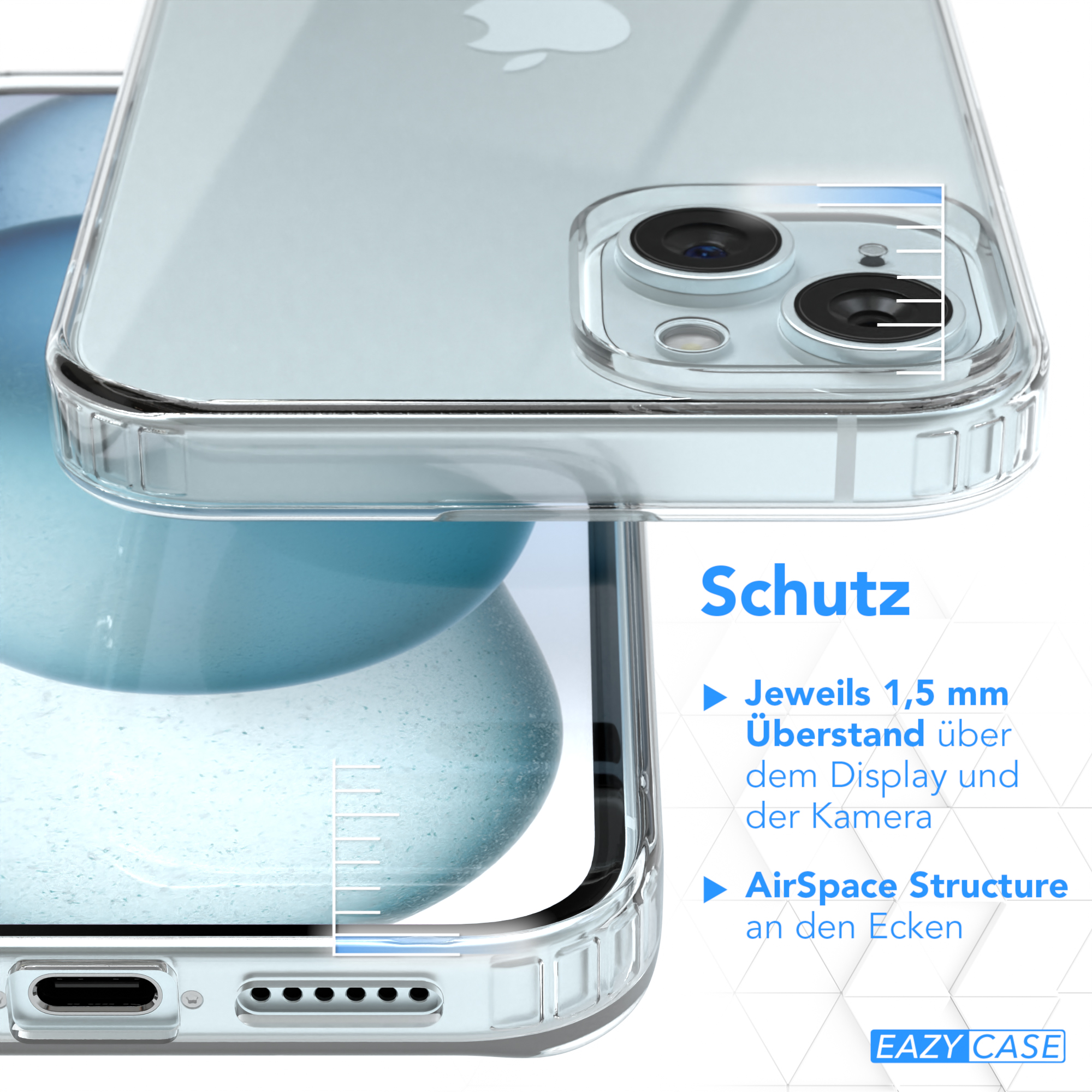 Transparente Handyhülle, zeigt ein Telefon, mit Text über Display- und Kameraschutz.