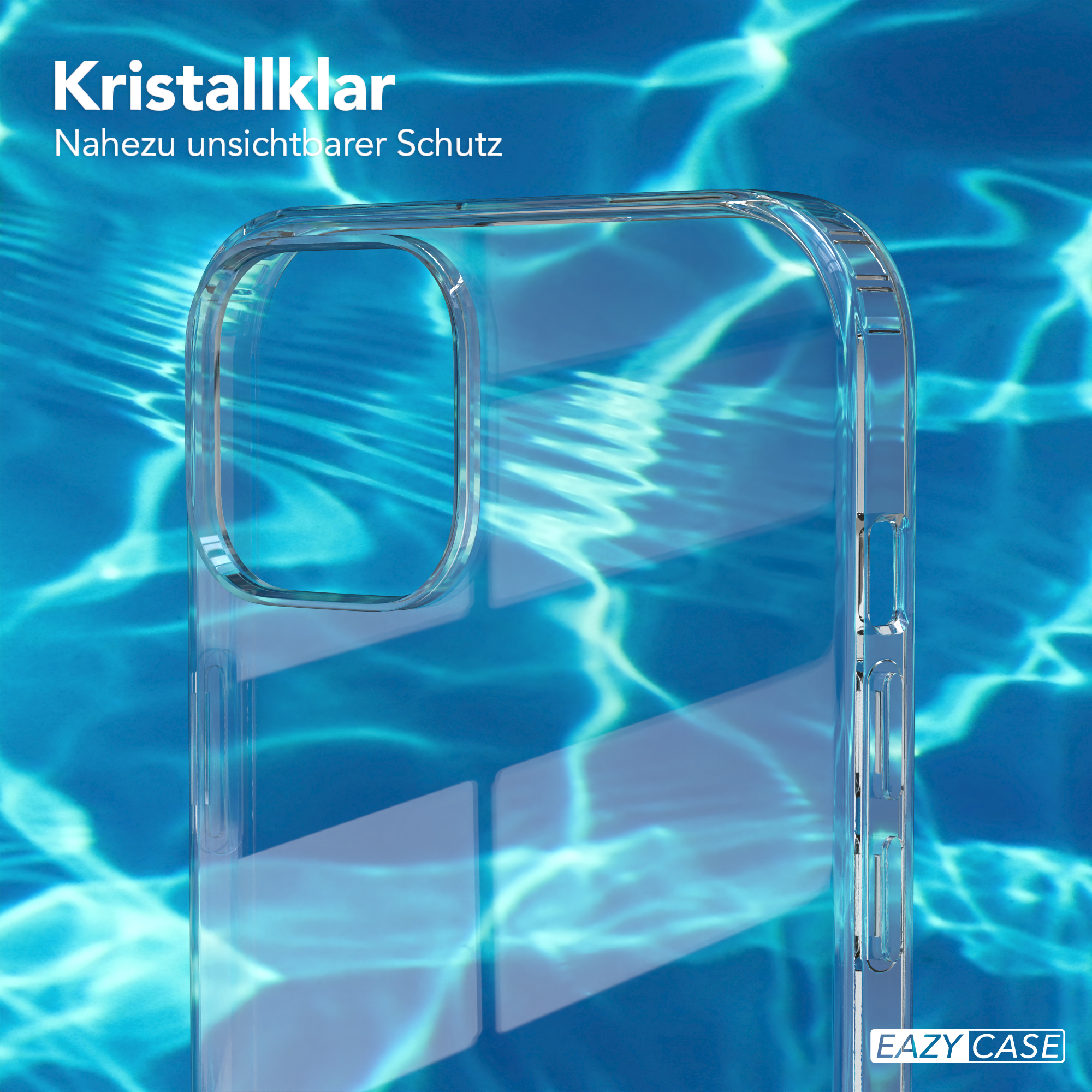 Transparente Handyhülle mit Text, vor blauem Wasserhintergrund.