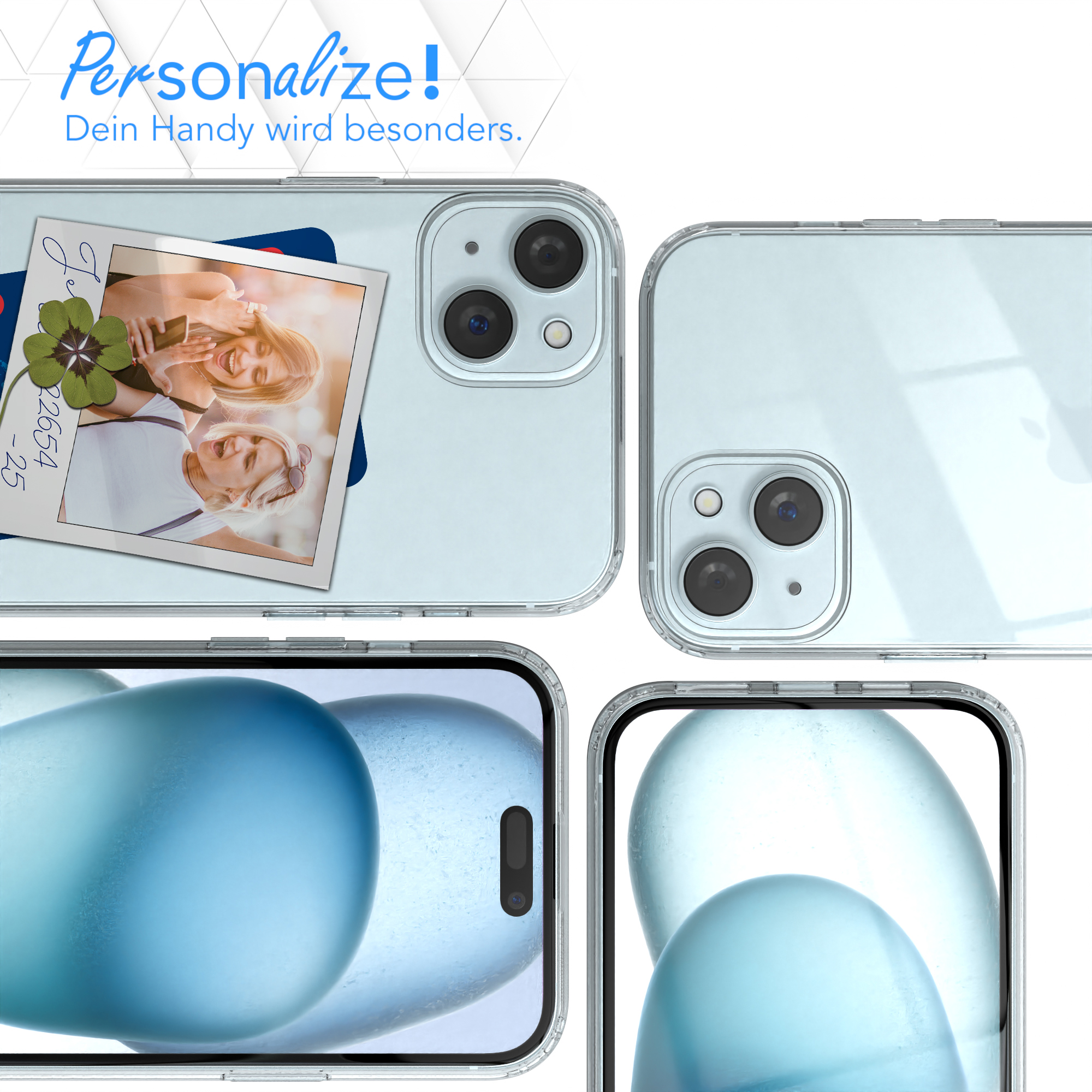 Vier Nahaufnahmen einer Handyhülle mit Fotos. Hülle ist transparent, zeigt ein Telefon mit Kameraausschnitt.
