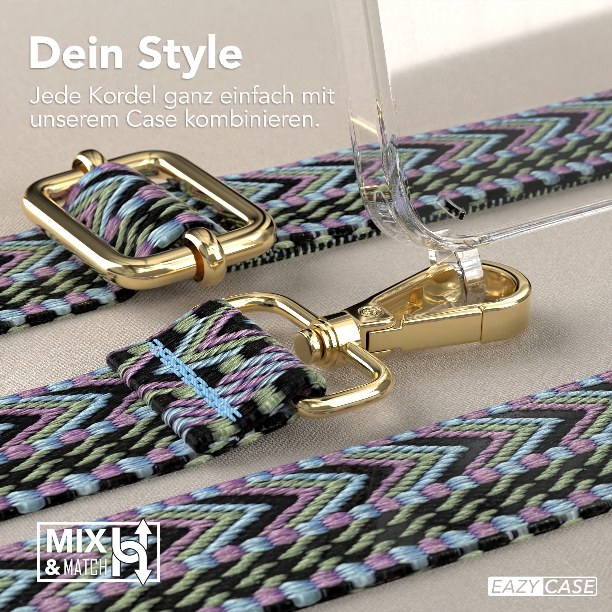 Eine Handyhülle mit Trageriemen, goldenem Verschluss und farbenfrohem Musterdesign.