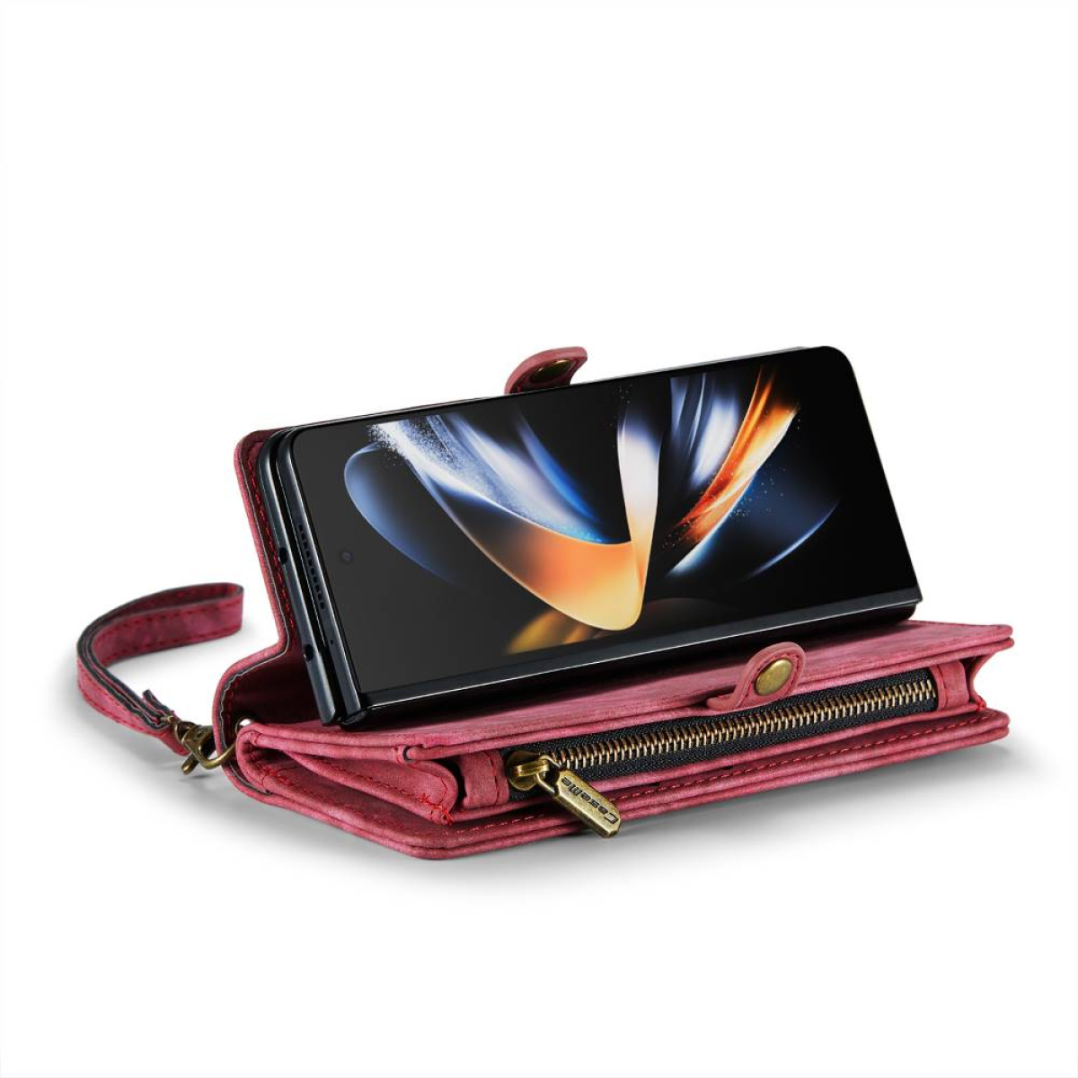 Rosa Leder-Handyhülle mit Handy. Mit Reißverschluss und Handschlaufe.