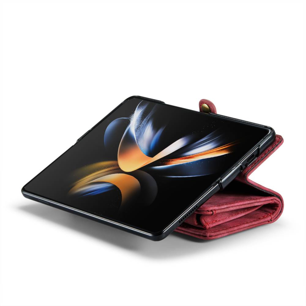 Ein faltbares Telefon in einer roten Brieftasche. Das Telefon ist geöffnet und zeigt einen farbenfrohen Bildschirm.