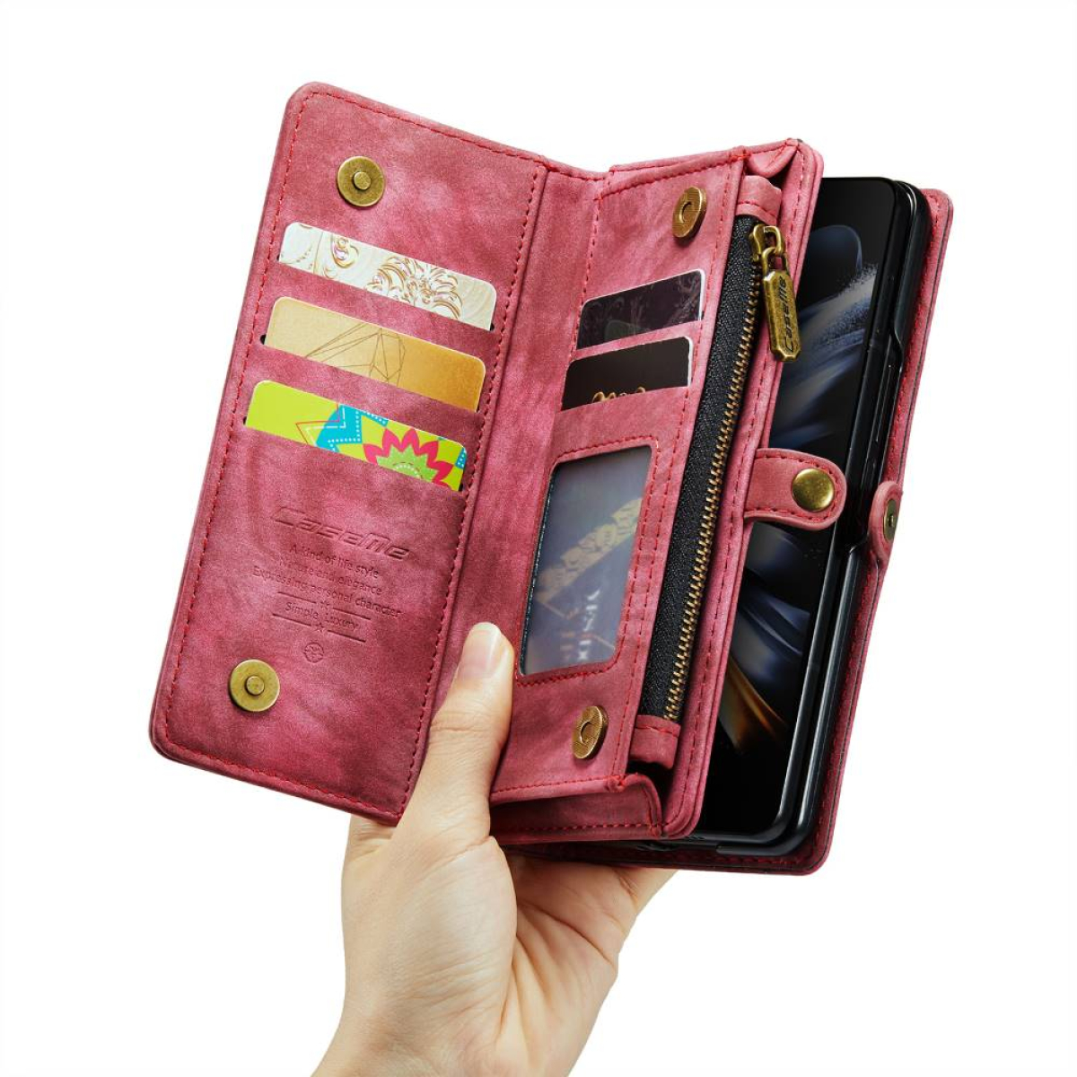 Eine rosa Geldbörsen-Handyhülle mit Karten, Reißverschluss und Telefon darin.