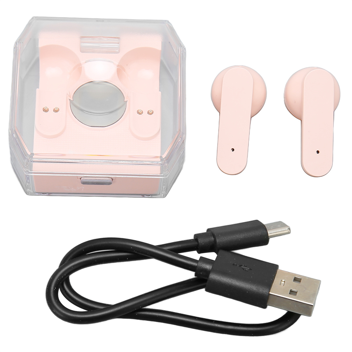 Rosa Ohrhörer, Ladecase und Kabel auf Weiß. Zwei Ohrhörer sind getrennt. Schwarzes Kabel mit USB und USB-C.