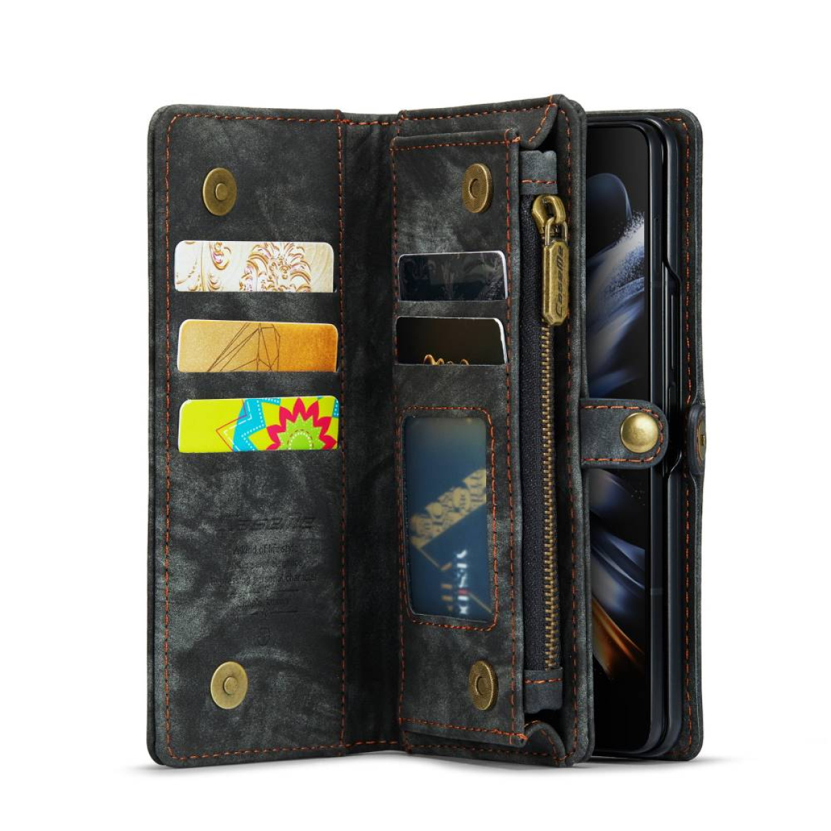 Dunkelgraue Leder-Wallet-Handyhülle mit Kartenfächern, Reißverschluss und Knopfverschluss.